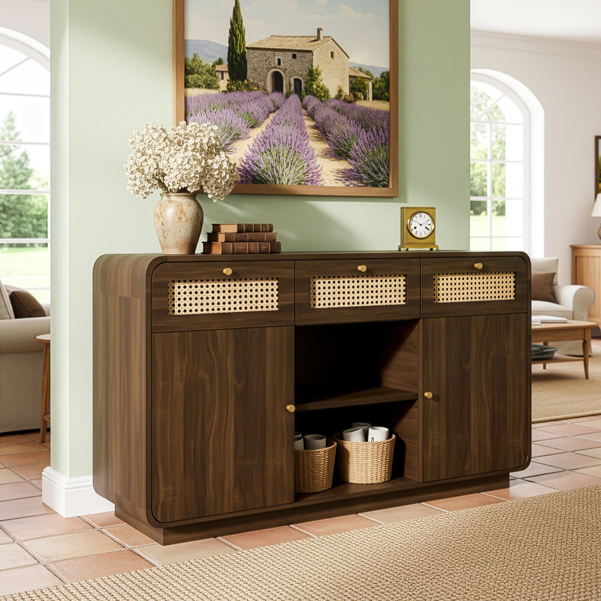 Komoda z 2 drzwiami, otwartą półką i 3 szufladami z rattanu - 120 x 40 x 85 cm - MDF, płyta wiórowa - orzech