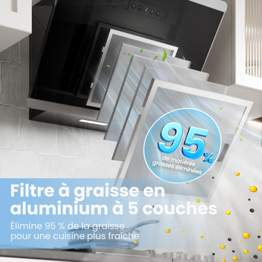 COMFEE Hotte Aspirante Inclinée 60cm 480m³/h Classe A++, Commandes Sensitives, BLDC Moteur, 3 Vitesses, 2 Filtres à Charbon, Verre Noir - 8