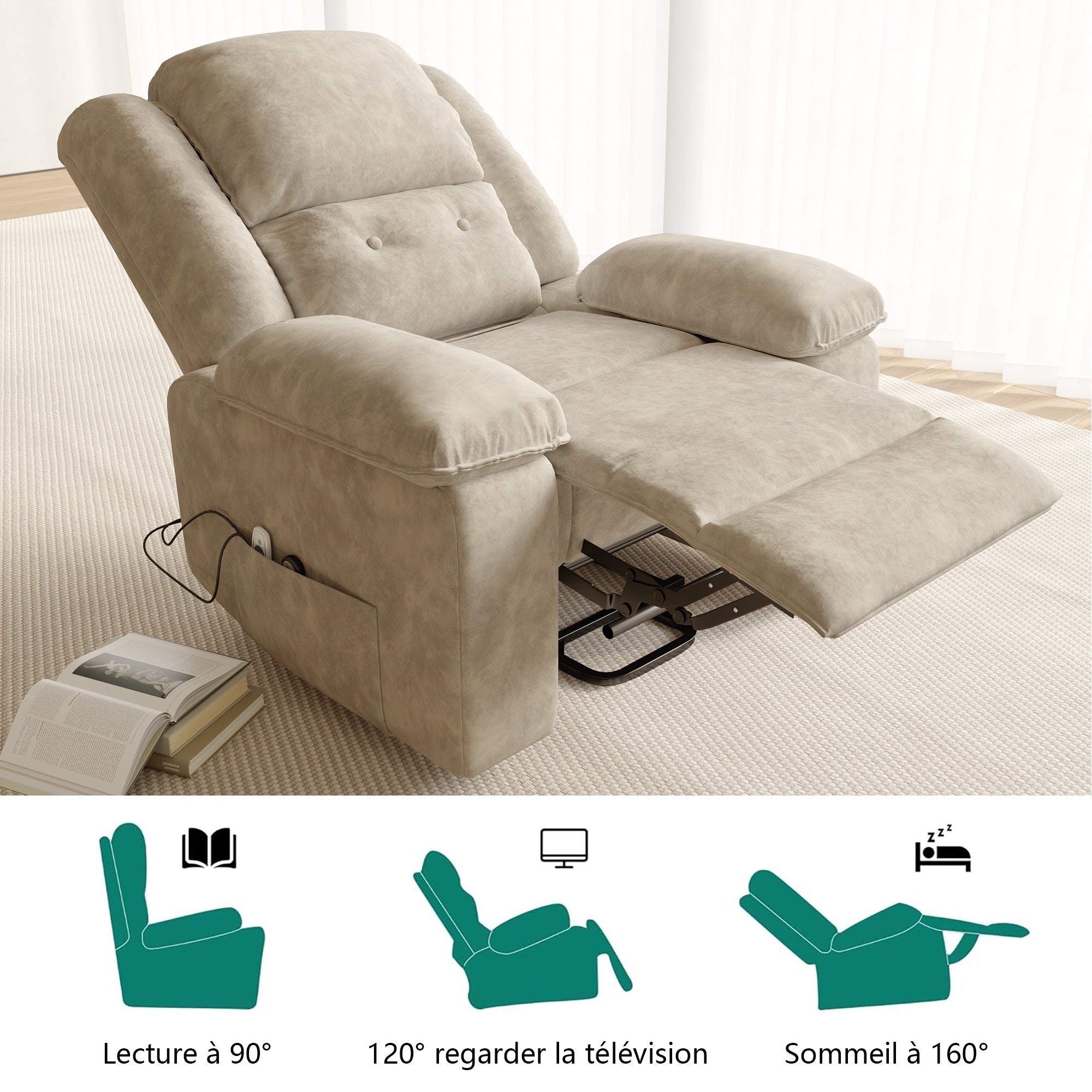 Fauteuil de Massage Électrique Releveur Chauffant avec 8 Points de Vibration - 83x53x106cm - Tissu Velours Marron - 6