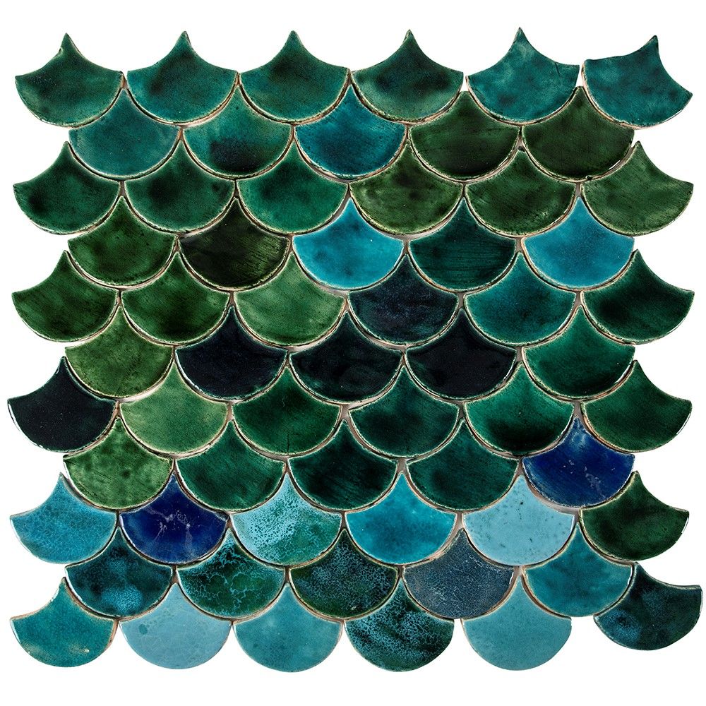 Azulejos con escamas de pez azul verde mar 'lago en el valle' 0,3m²/paquete, 49 azulejos 10,2×9cm - baño, cocina, salón