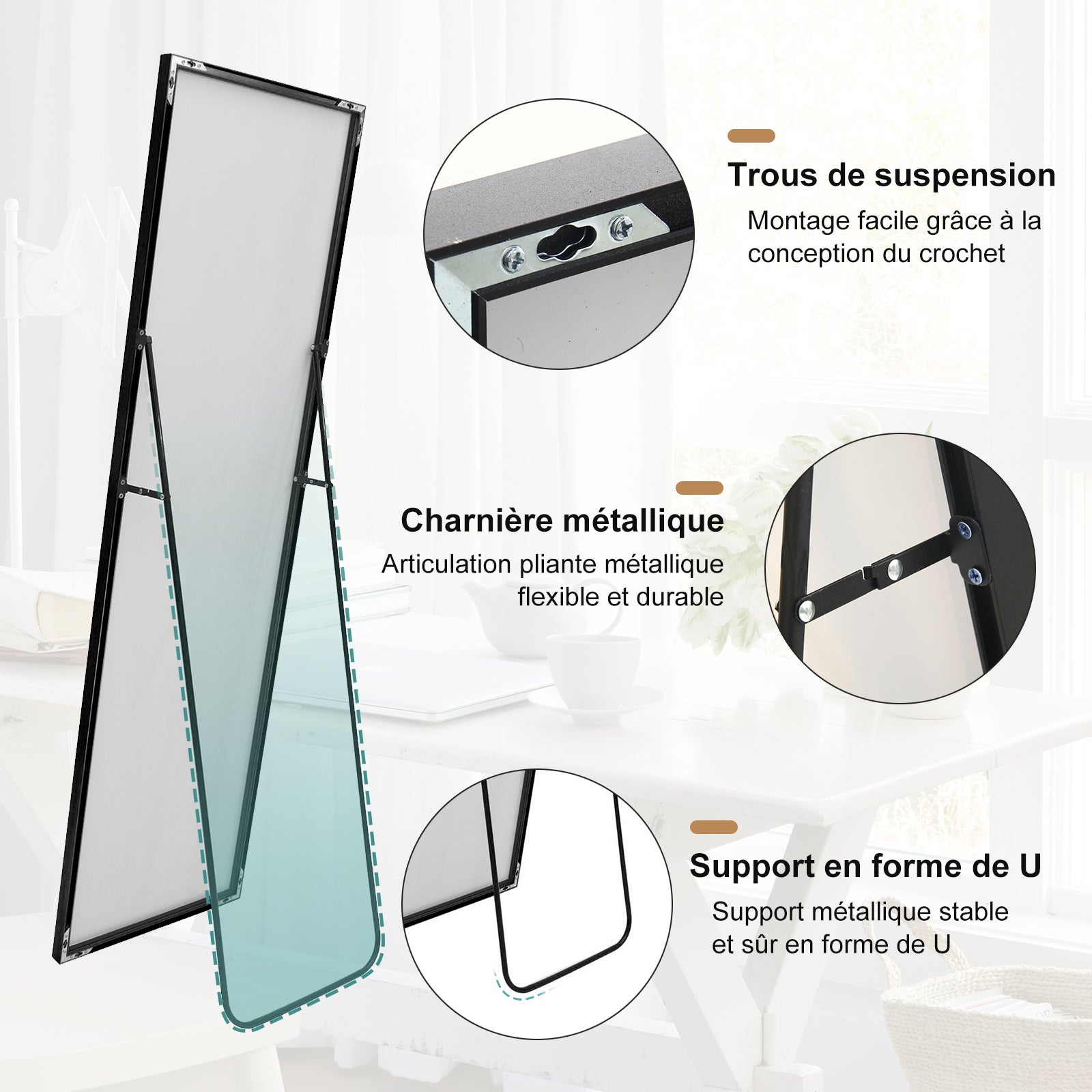 Miroir sur pied pleine longueur, 165 x 60 cm, Noir HD, cadre en alliage d'aluminium, miroir mural en verre trempé, idéal pour la chambre, le dressing - 4