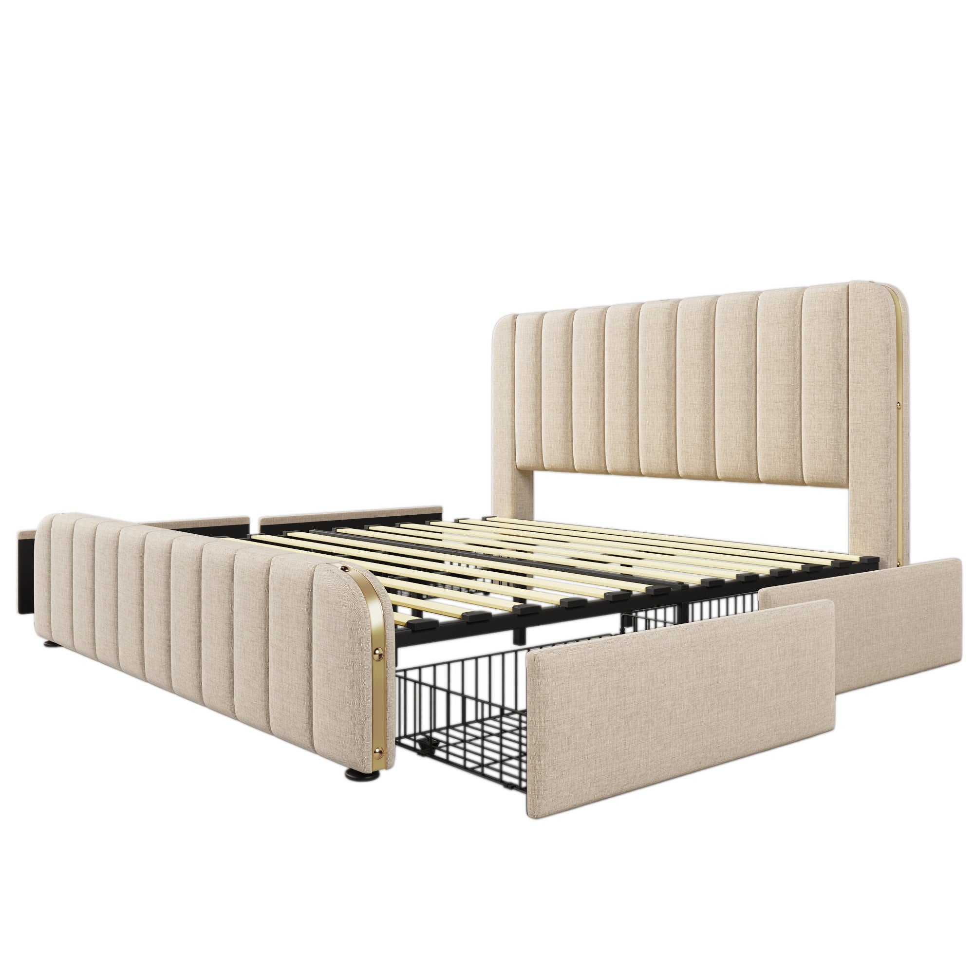Lit pour adulte, capitonné 180*200 cm, avec bordure dorée et recharge USB Type-C, en lin beige, avec 4 tiroirs. - 7