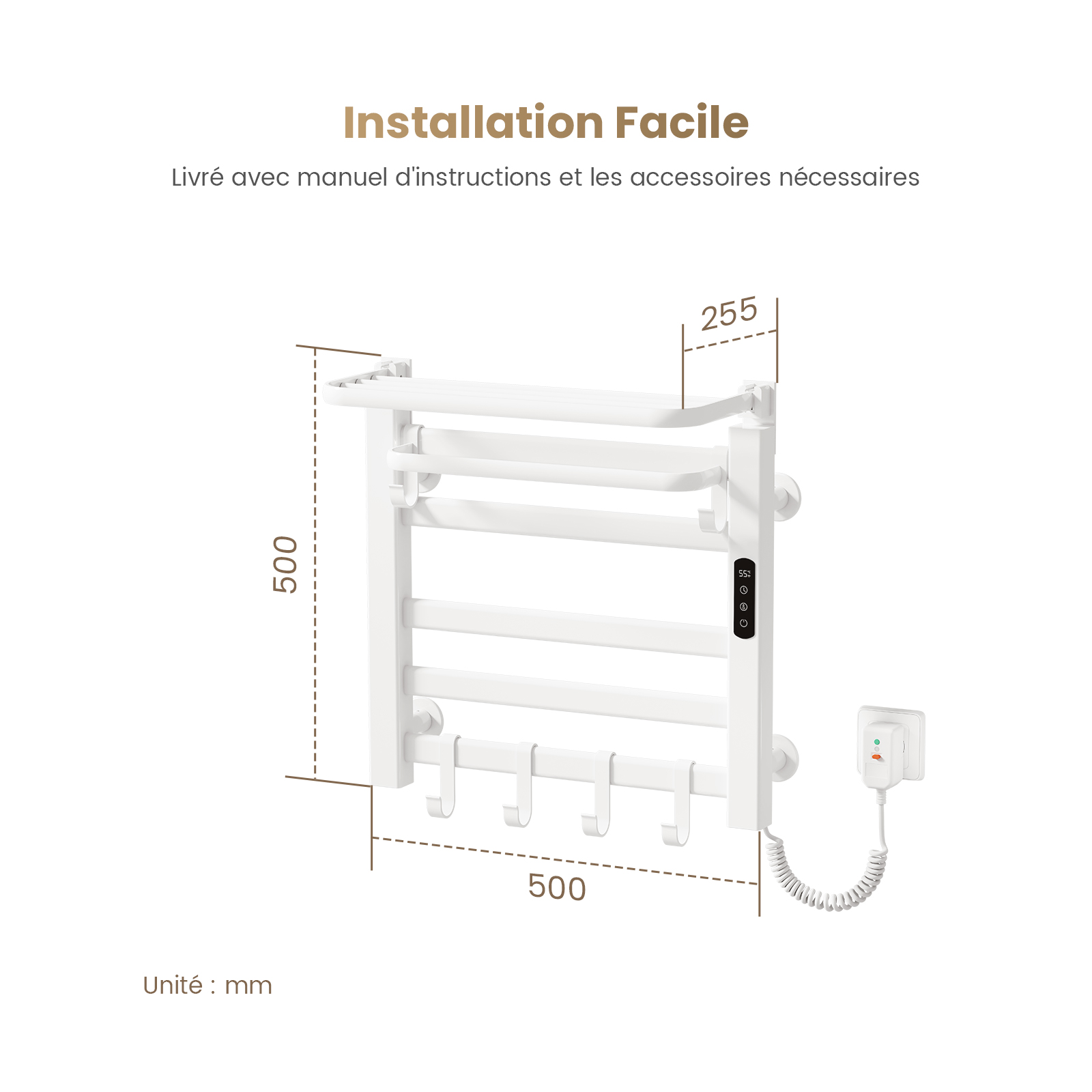 EMKE Sèche-Serviettes Électrique 500x500 mm, Chauffage Salle de Bain Intelligent à Température Constante, Chauffe-Serviettes Électrique 140W Blanc - 5