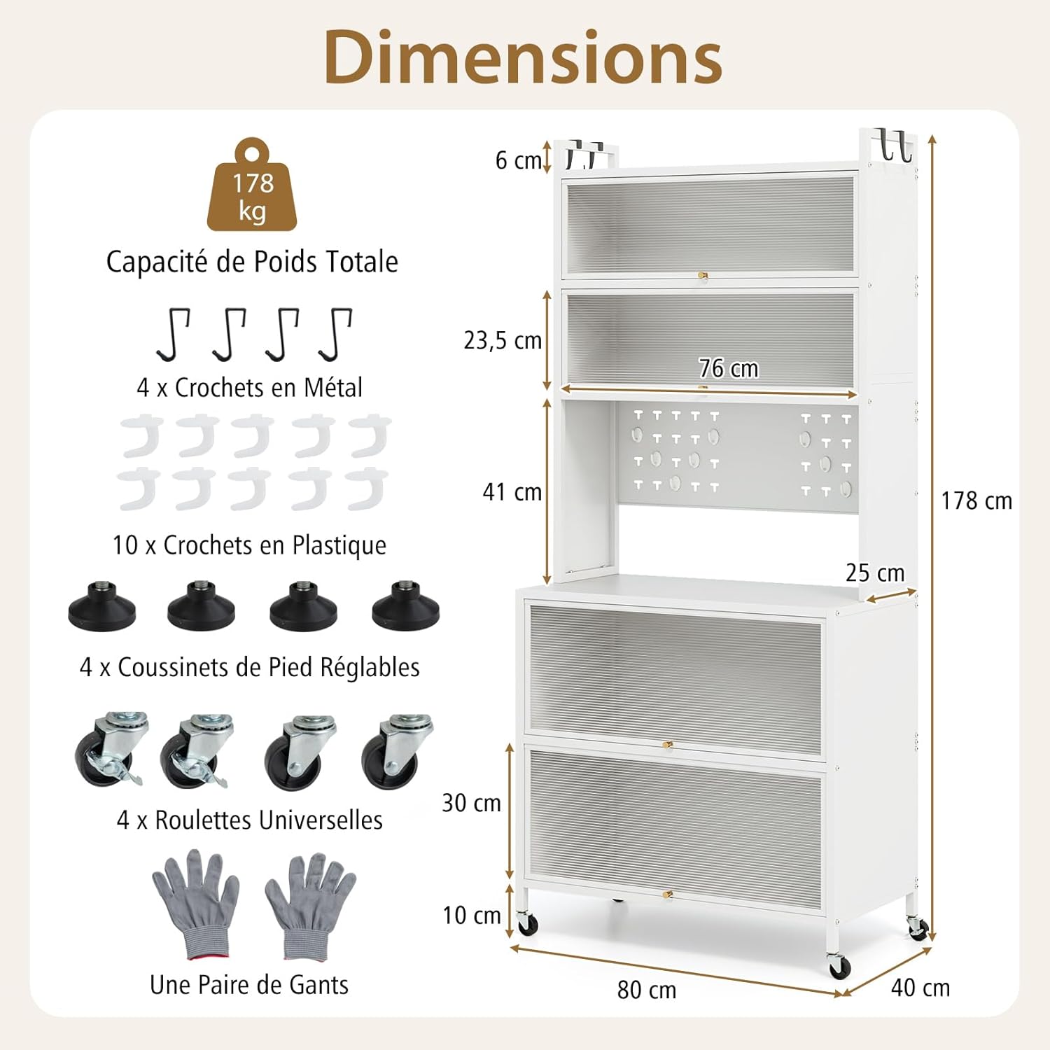 Meuble Cuisine Rangement 6 Niveaux, Etagere Rangement Cuisine en Fer, Portes Battantes, 10 Crochets Support Micro-Ondes (Blanc) - 3