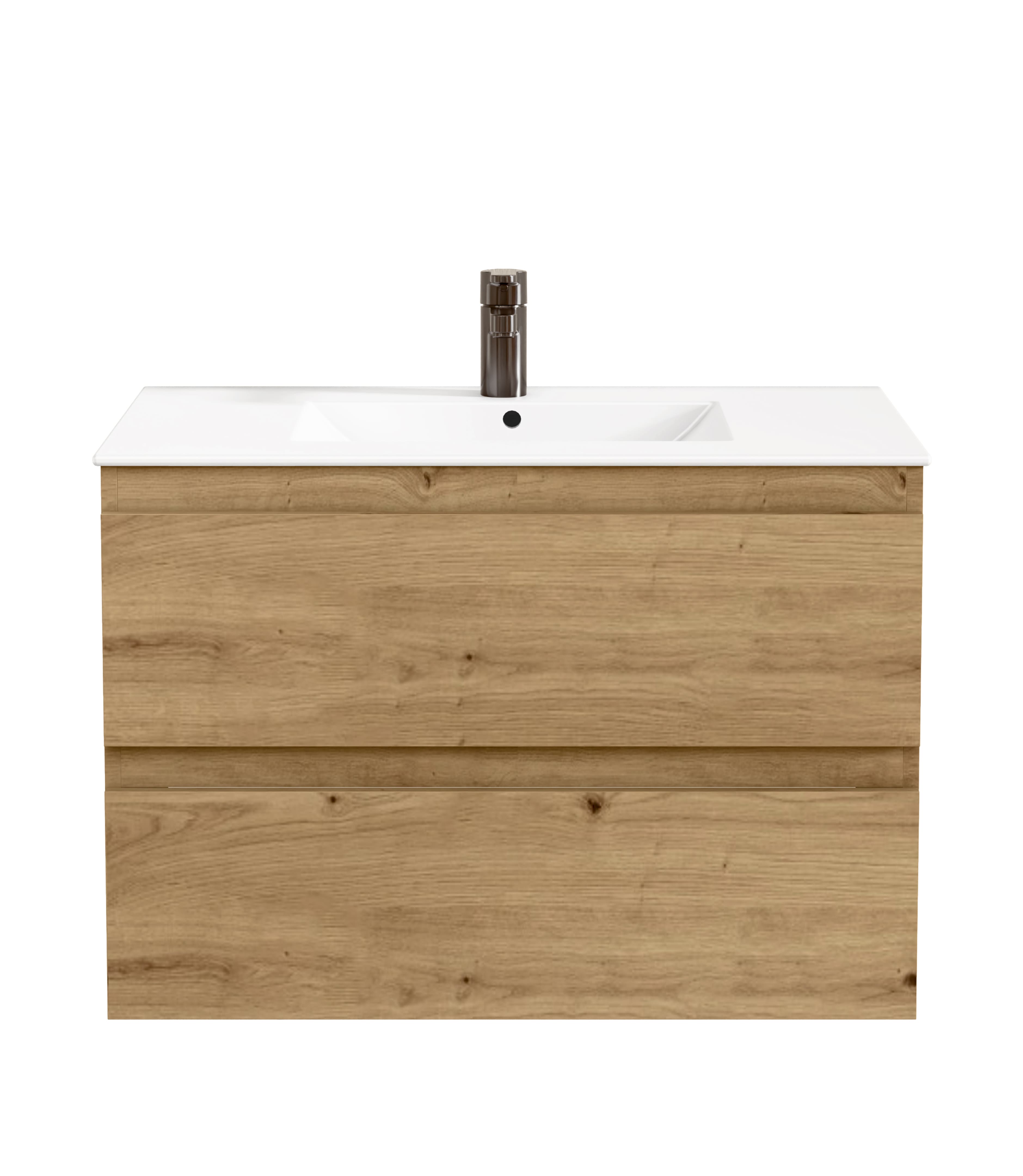 BELLOBATH - Meuble Salle de Bain avec Plan Vasque en Céramique, Meuble Monté avec 2 Tiroirs, 100 x 55 x 46 cm, Meuble Chêne - 3