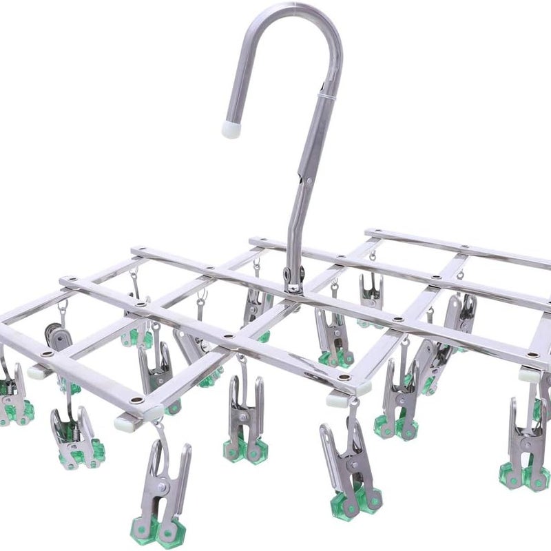 Zielona, wiatroodporna, składana linka do wieszania ubrań z 18 klipsami do bielizny, skarpetek i rękawiczek, umożliwiająca szybkie i łatwe zdejmowani