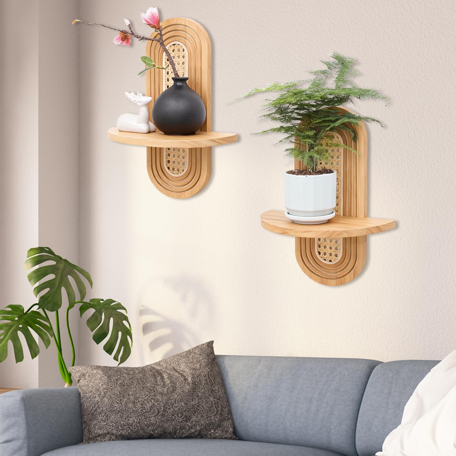 Étagères murales flottantes, ensemble de 2 étagères bohèmes en rotin, petite étagère décorative murale unique, étagères naturel pour salon，beige - 7