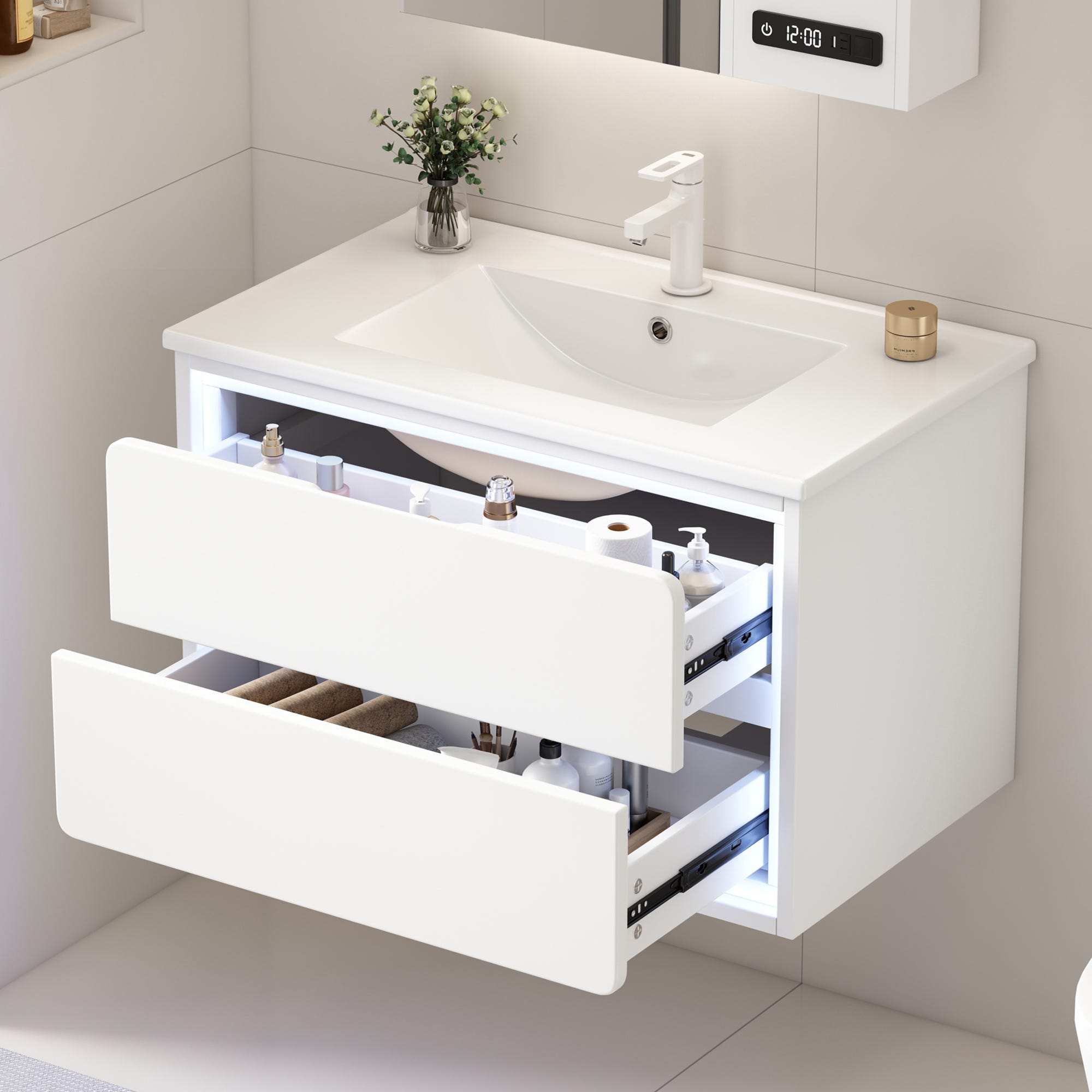 Mueble de baño suspendido con lavabo cerámico integrado y sensor LED ...