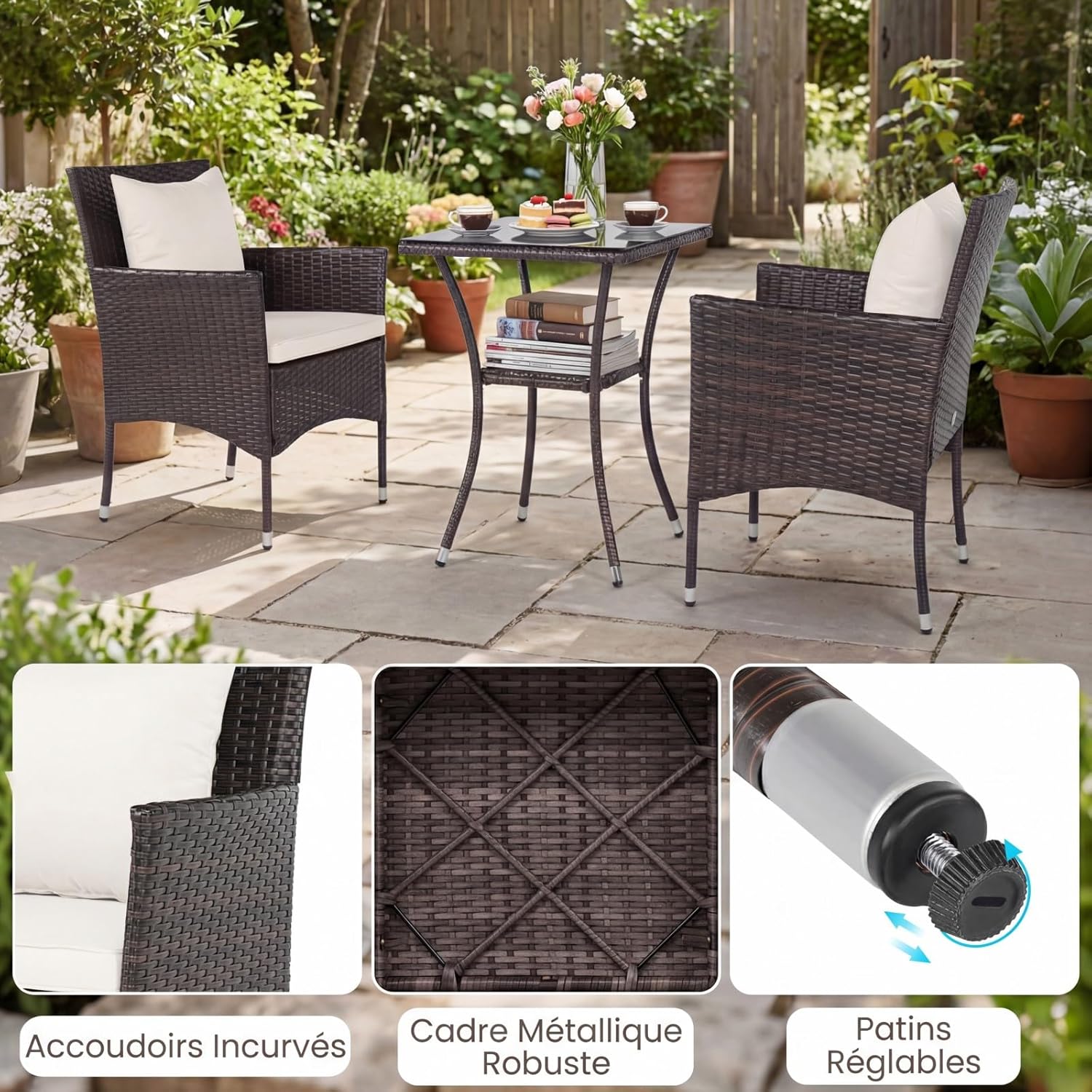 GIANTEX Conjunto Sala Jardim 3 PCS em Vime PE, com 2 Cadeiras Almofadadas Mesa Baixa Vidro Temperado 2 Níveis com Tampa, Marrom+Branco - 3