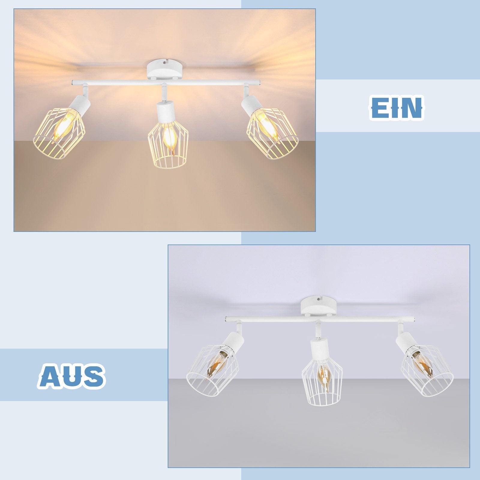 NETTLIFE Foco de Techo，3 luces E14 - Metal, Lámpara de Pasillo Industrial Giratoria 350°, Aplique de Pared para Pasillo y Sala de Estar, Blanco - 7