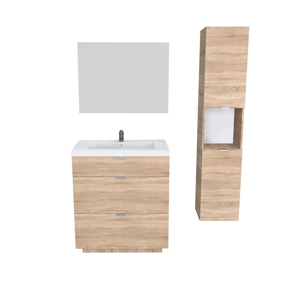 Meuble sous-vasque MARBELLA 80 cm + vasque + miroir + colonne / Décor Chêne blanchi - 2
