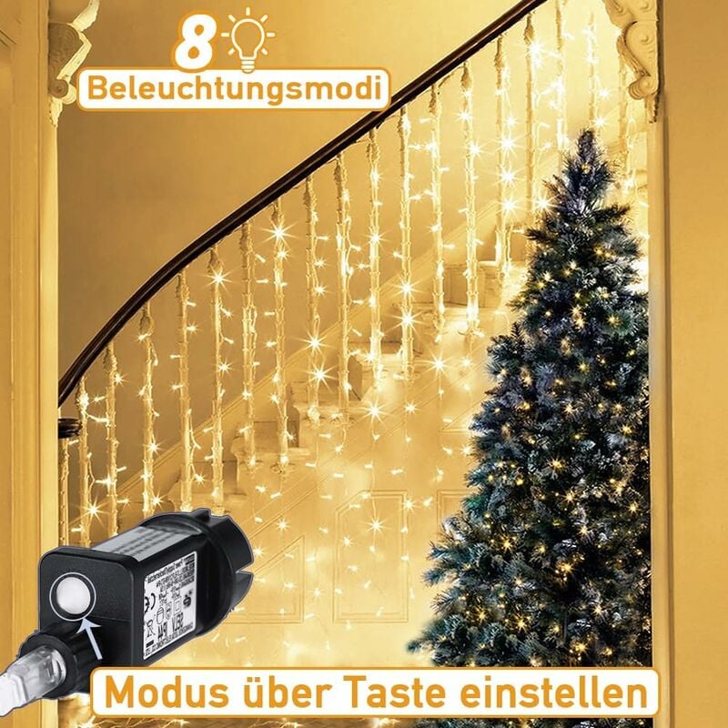 Rideau Lumineux 600 LEDs 6m x 3m, 8 Modes Étanche IP44 Guirlande Lumineuse Rideau Alimenta Secteur, pour Décoration Intérieur Extérieur, Blanc Chaud - 2