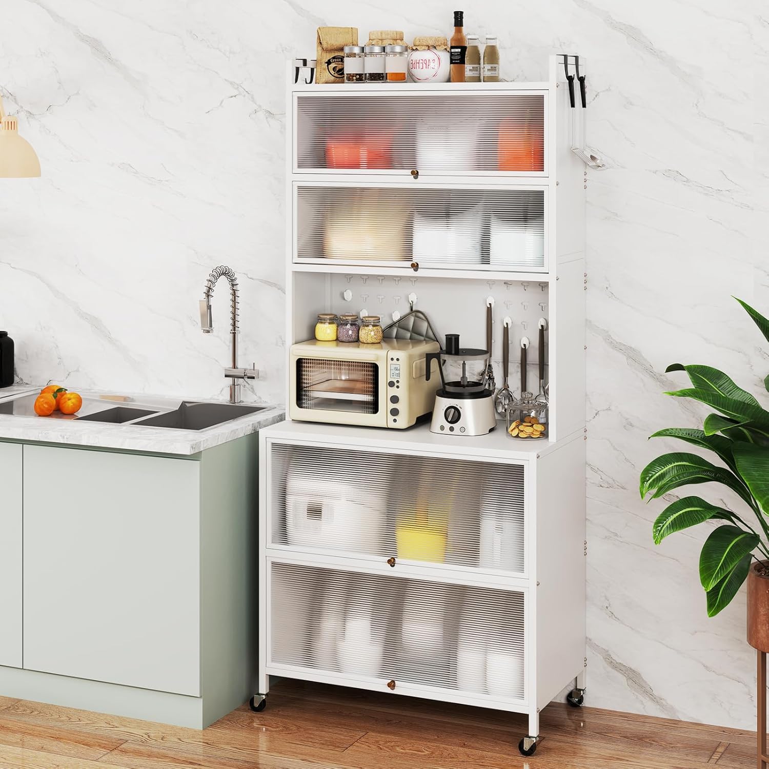 Meuble Cuisine Rangement 6 Niveaux, Etagere Rangement Cuisine en Fer, Portes Battantes, 10 Crochets Support Micro-Ondes (Blanc) - 9