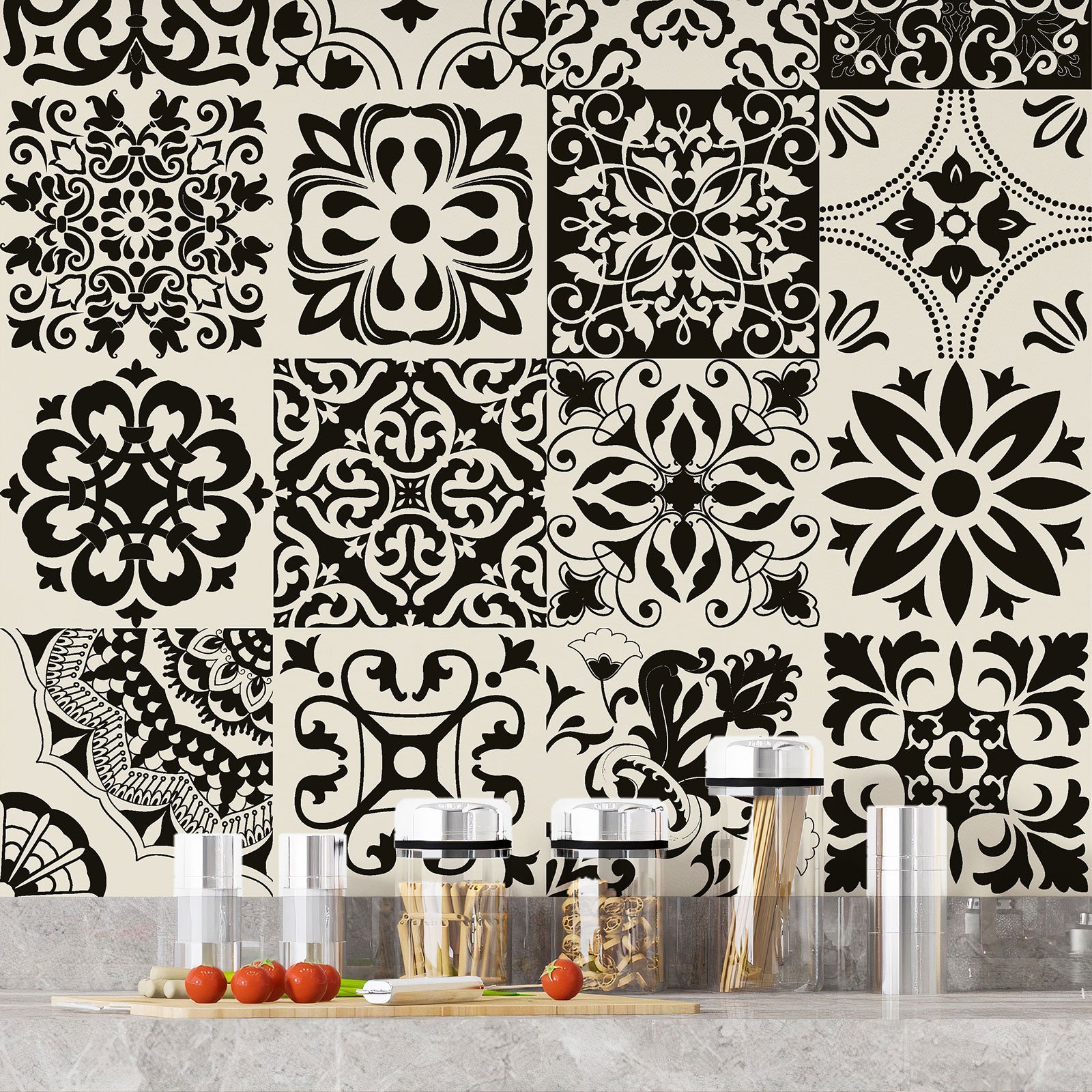 Crédence adhésive sticker décoratif pour cuisine - Effet carreaux de ciment - Adhésif + Protection BRILLANTE - 60x60 cm - 4