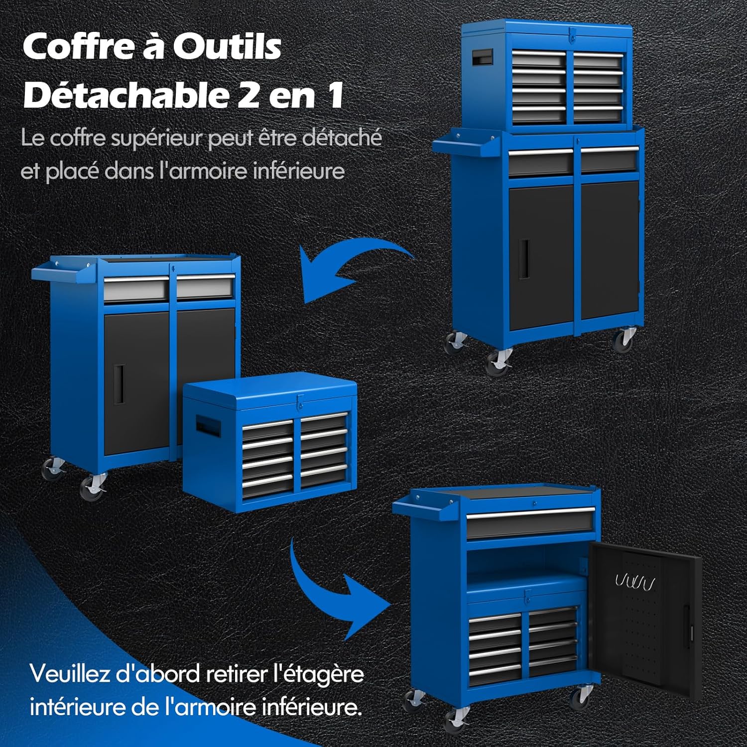 Servante Porte Outils à Tiroirs et Armoire de Rangement, Caisse à Outils Verrouillables Étagère Réglable Doublure, pour Garage Atelier (Bleu) - 6