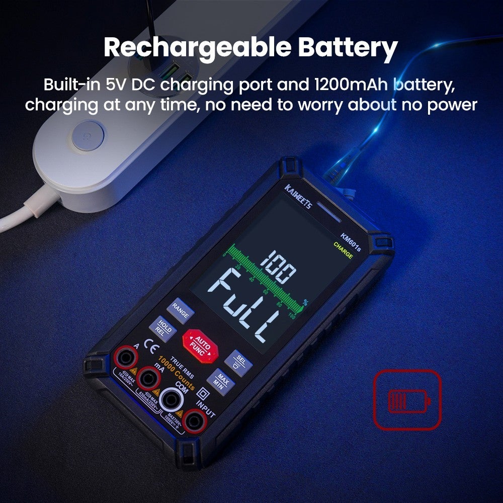 Multimètre Numérique KAIWEETS KM601S - 10000 Points True-RMS - Mode Smart/Manuel, Lampe Torche - Noir - 4