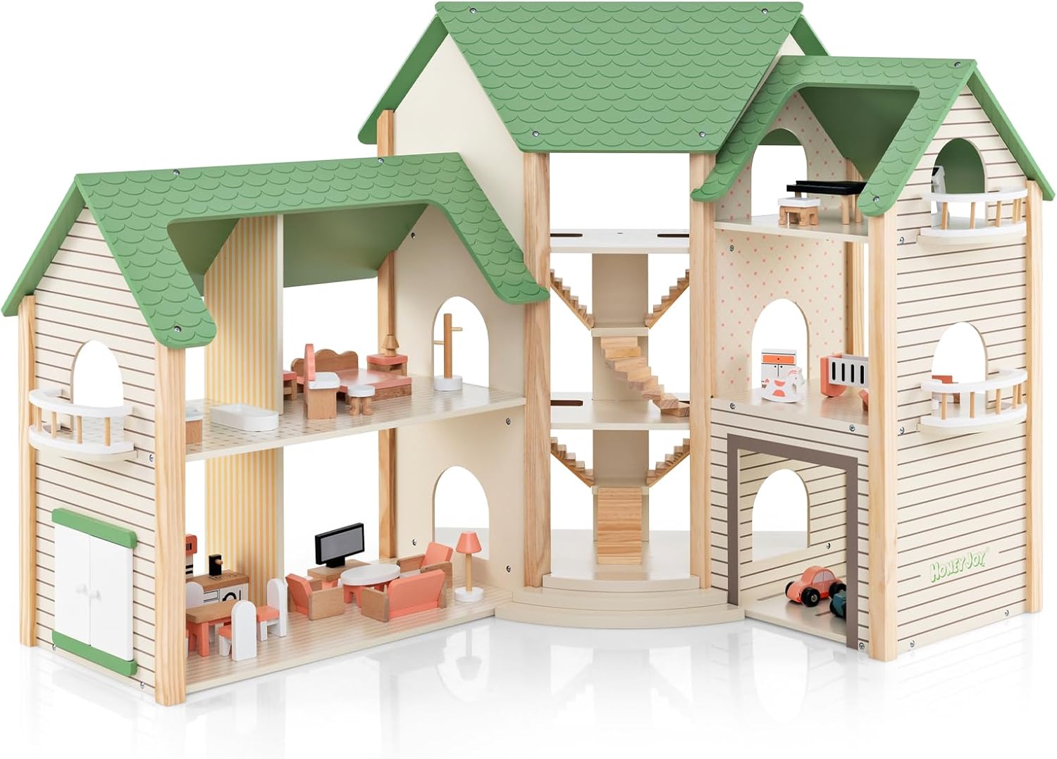 Drewniany Domek dla Lalek dla Dzieci, 6-częściowy Domek dla Lalek Princess z Schodami, Garaż z 2 Samochodzikami, dla Dzieci Powyżej 3 Lat (Zielony)