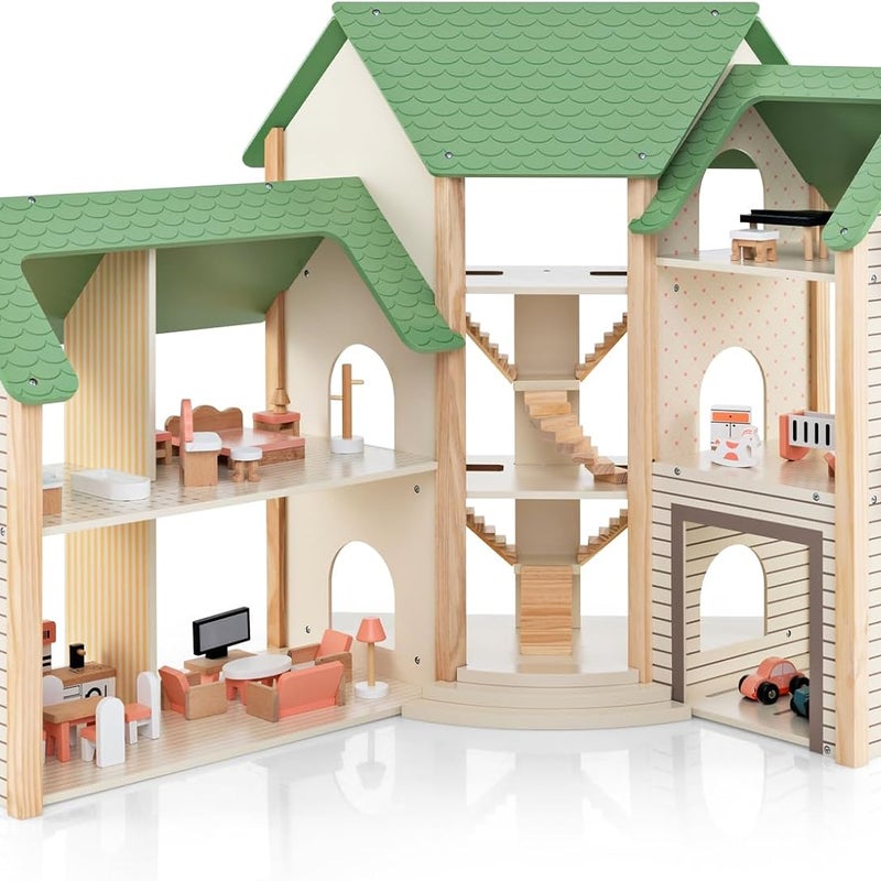 Drewniany Domek dla Lalek dla Dzieci, 6-częściowy Domek dla Lalek Princess z Schodami, Garaż z 2 Samochodzikami, dla Dzieci Powyżej 3 Lat (Zielony)