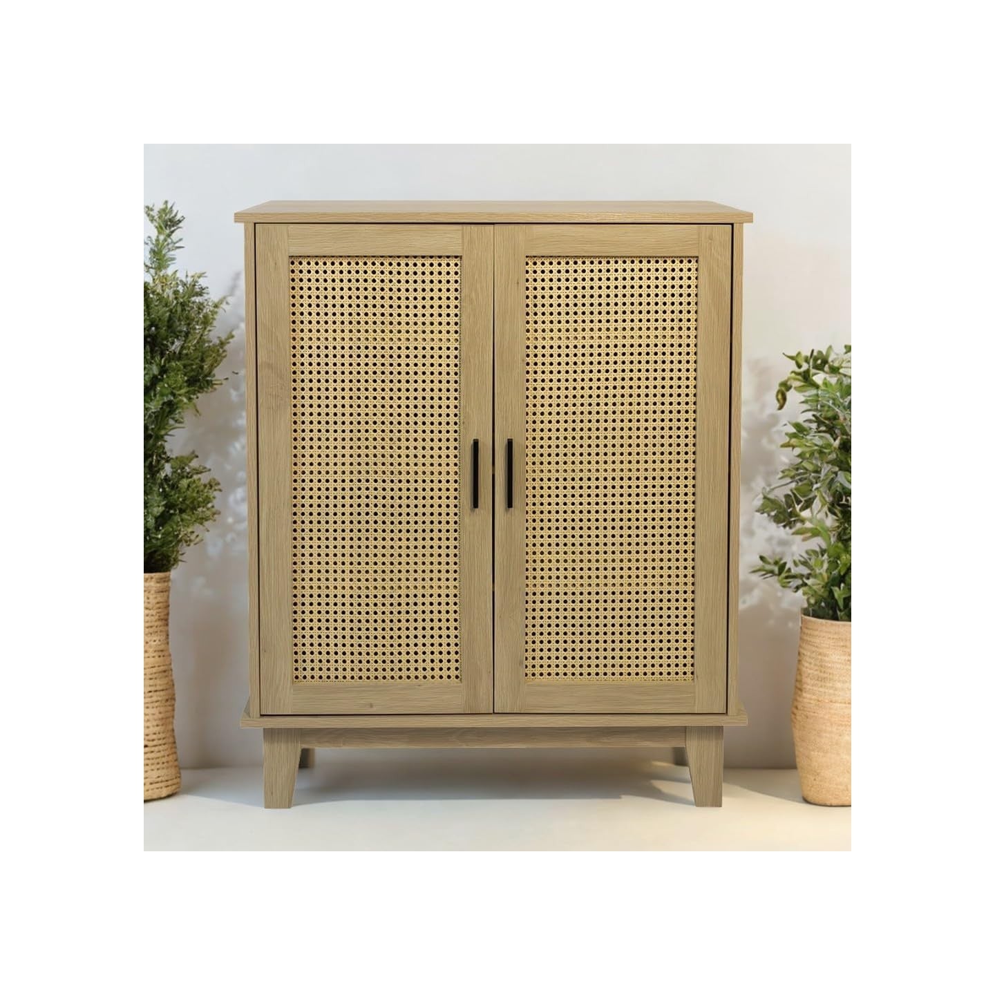 Cómoda de 2 portas com 3 prateleiras, vime de madeira natural 80 x 34 x 96 cm - 3