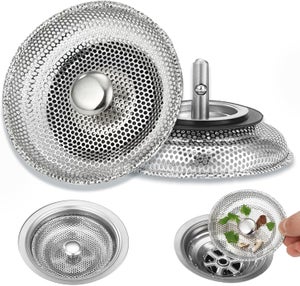 Confezione da 2 filtri e tappi di ricambio per lavello da cucina per scarichi standard da 3-1/2 pollici, cestello in acciaio inossidabile con pomello in plastica e tappo in gomma