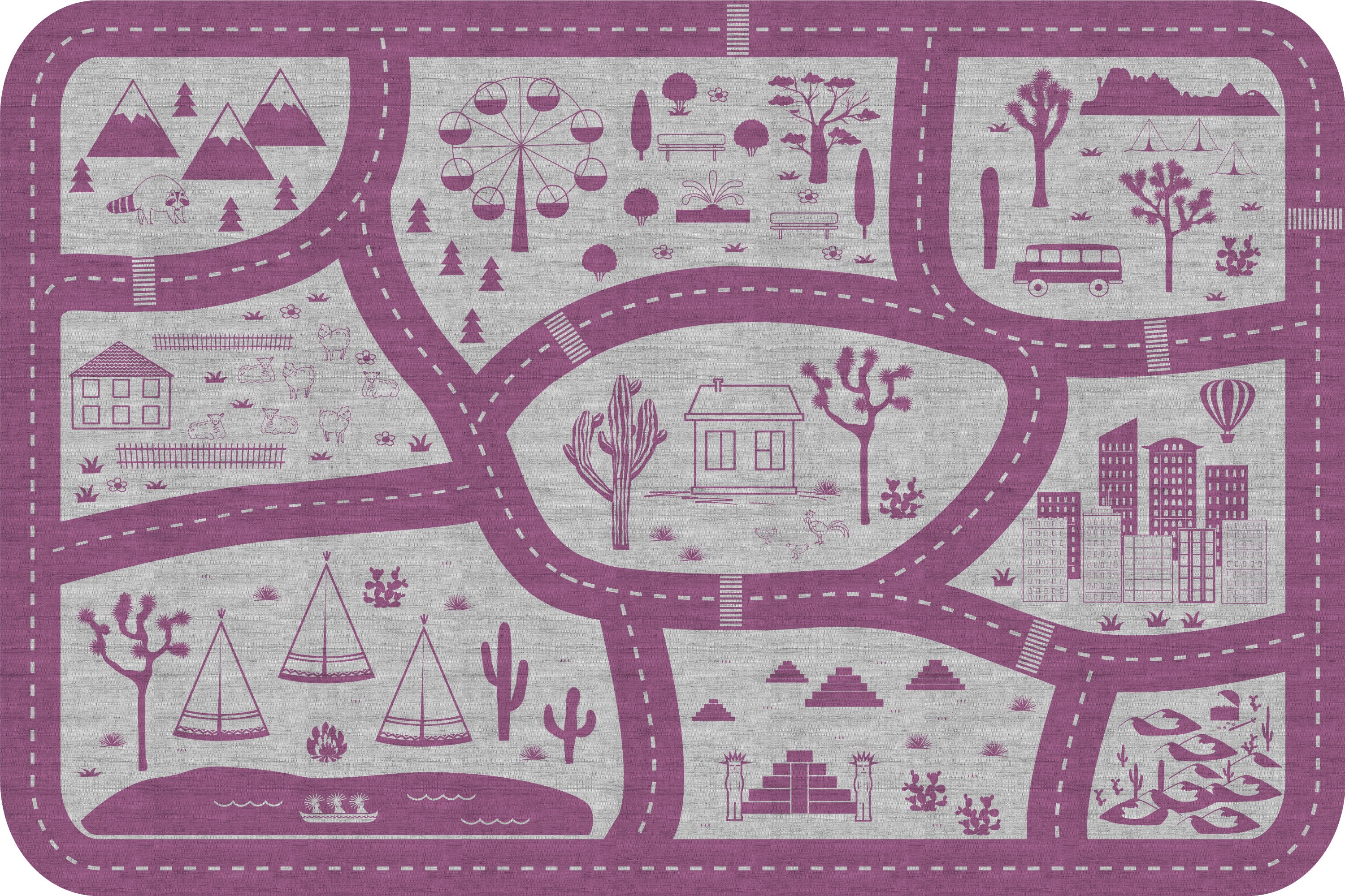 Dywan winylowy dla dzieci Road trip lavender 100x150 cm - antypoślizgowy dywanik PVC do pokoju dziecięcego, trudnopalny i zmywalny