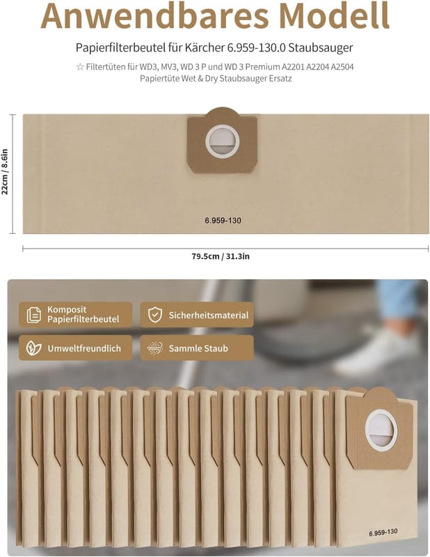 Kit Filtri Kärcher Sacchetti Filtro Filtro Per Aspirapolvere Kärcher MV3, WD3, WD3 P E Tanti Altri Modelli - Confezione Da 12 Pezzi Sacchetti Aspirapolvere Kärcher - Foto 12
