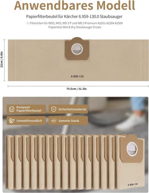 Kit Filtri Kärcher Sacchetti Filtro Filtro Per Aspirapolvere Kärcher MV3, WD3, WD3 P E Tanti Altri Modelli - Confezione Da 12 Pezzi Sacchetti Aspirapolvere Kärcher - Foto 12