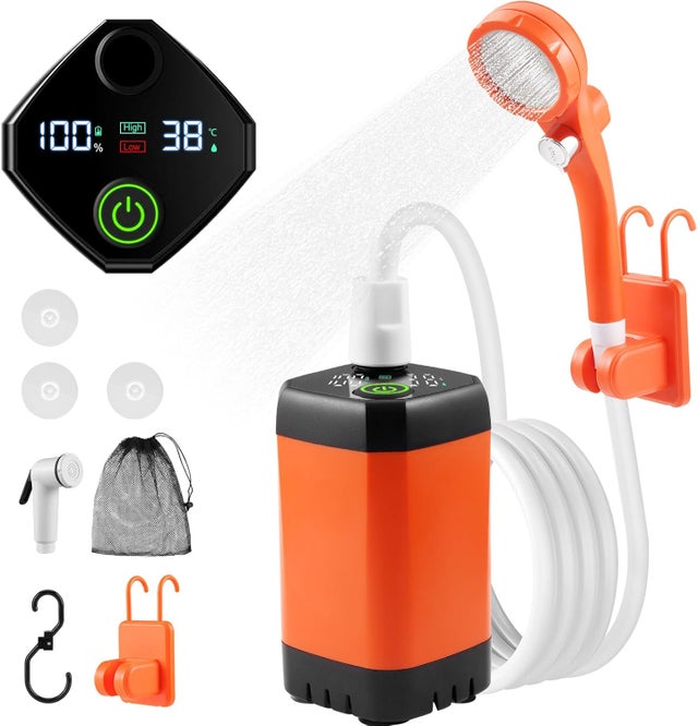 Kit Douche de Camping Rechargeable, Pompe de Douche Portable avec Affichage de Température et de Puissance, Batterie 6000 mAh, Pression d'eau Réglab