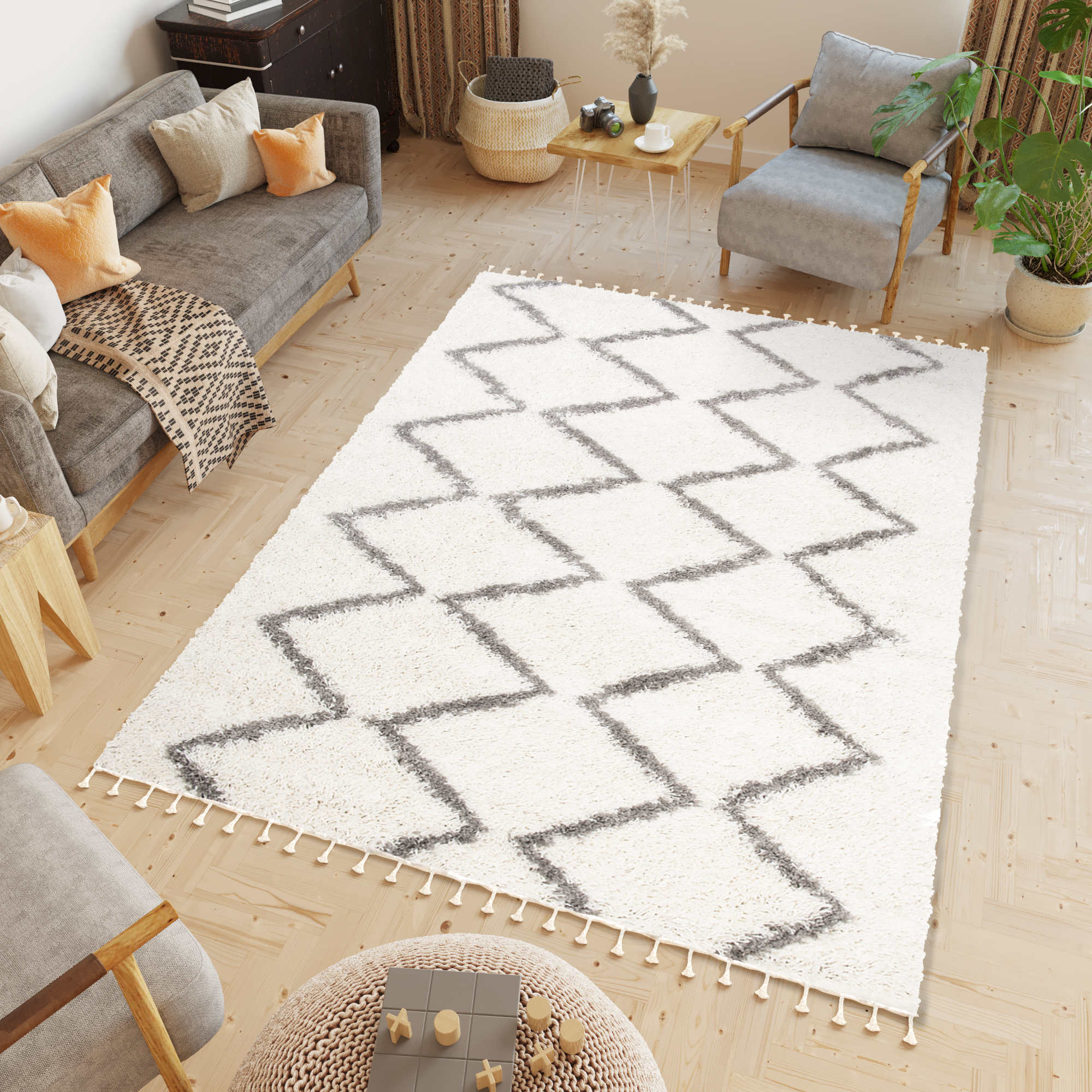 Tapiso boho alfombra salon sala crema gris adorno etnico borlas trenzas gorda shaggy 300 x 400 cm