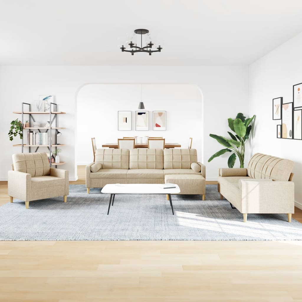 Set Divani 4 pz con Poggiapiedi e Cuscini Crema Tessuto vidaXL - 4