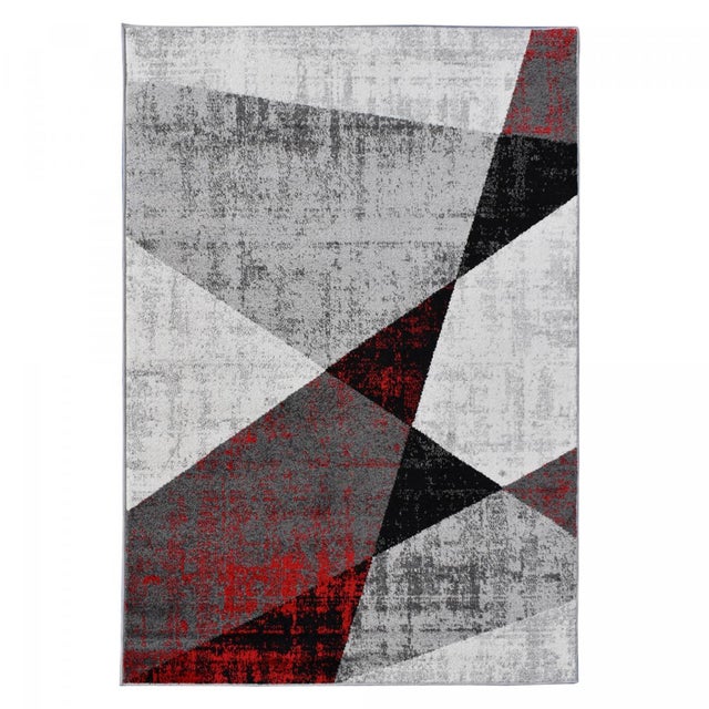 tapis entrée 120x170 tissé gris et rouge rectangle motif géométrique ROSALINE