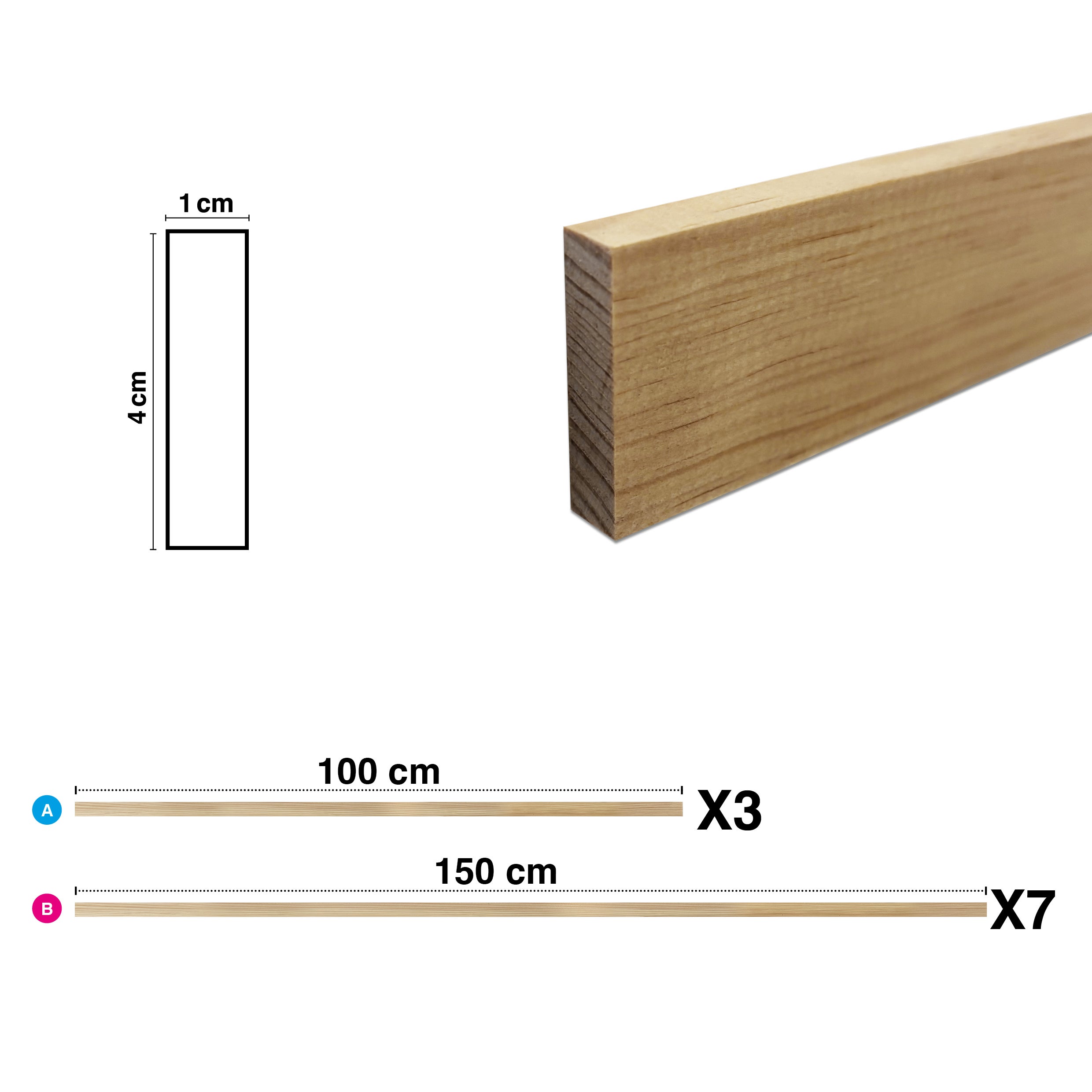 Kit de moulures murales en bois à 7 tasseaux de 150 cm - Pin des Landes - Prêt à coller et peindre - Gabrielle - 3 mètres - Fabrication française - 4