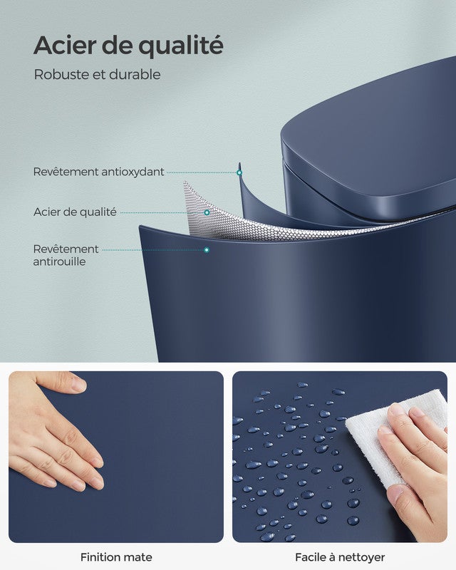 Poubelle Cuisine 50L, Poubelle Bureau, Fermeture en Douceur, avec Pédale, en Acier, Seau Intérieur, Bleu - 3