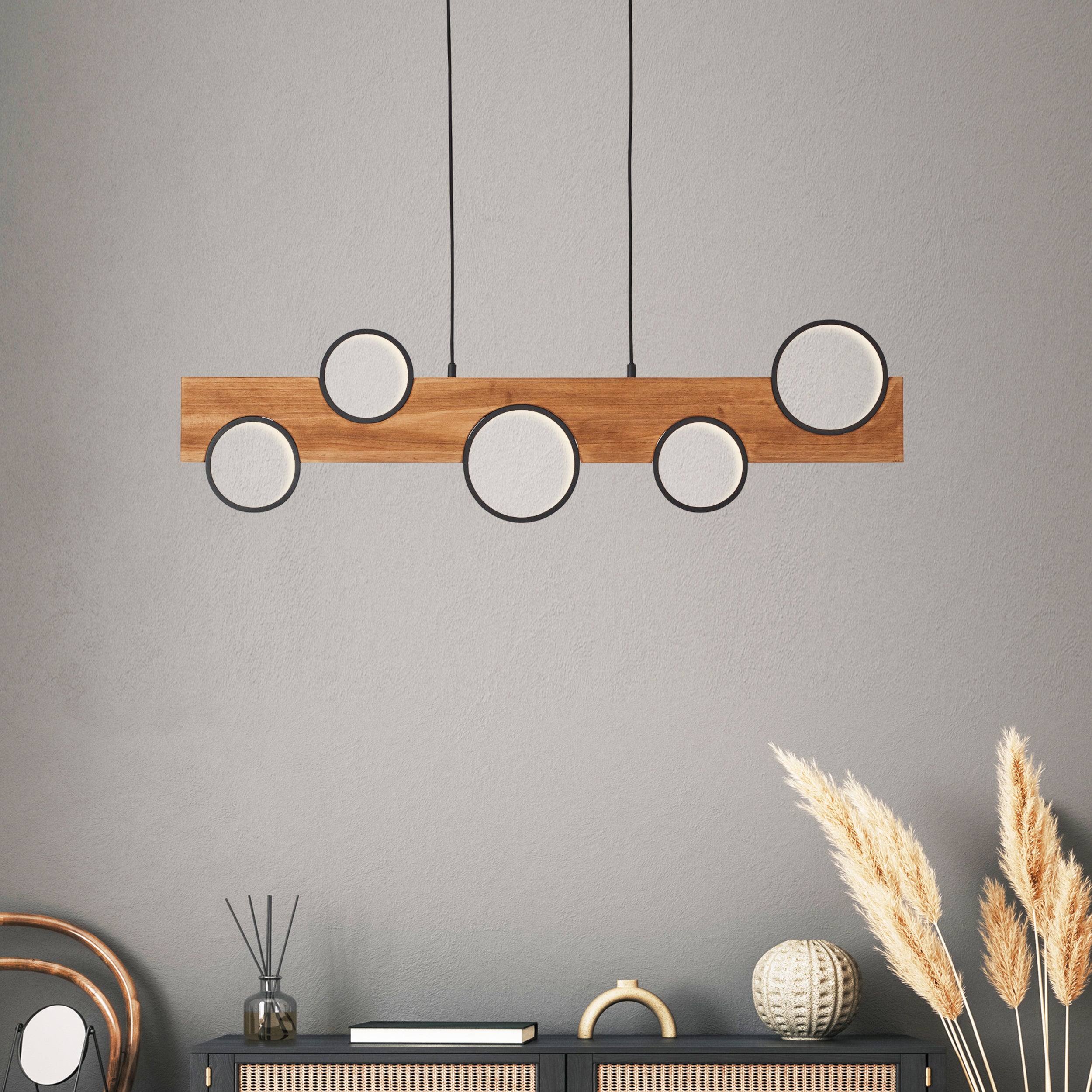 Brilliant lampa wisząca LED Cheesy 100cm matowy czarny/drewno metal/brązowe szkło 34W zintegrowane LED - 6