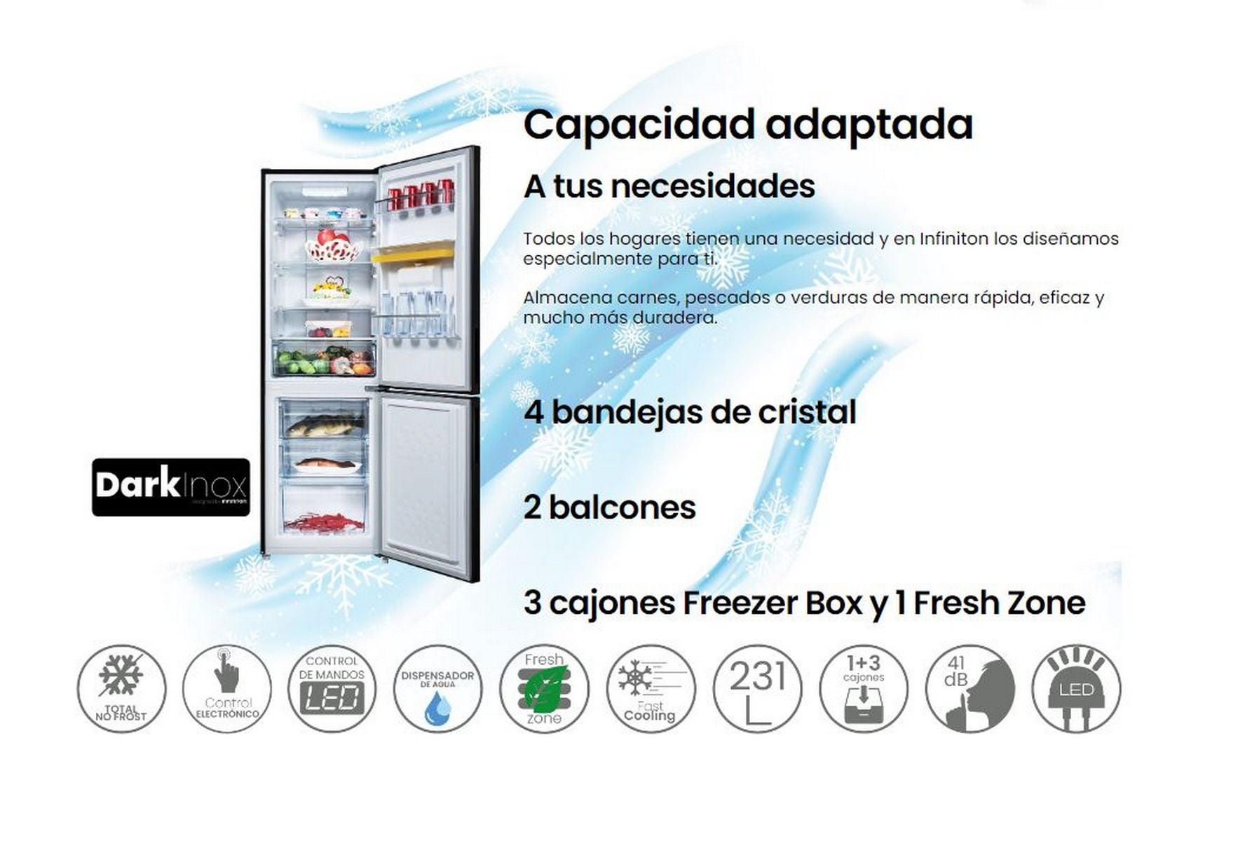 Frigorífico combinado Infiniton FGC-A174ND, 231 l, 170 cm, Total No Frost, E, Dispensador de água, Dark Inox - 5