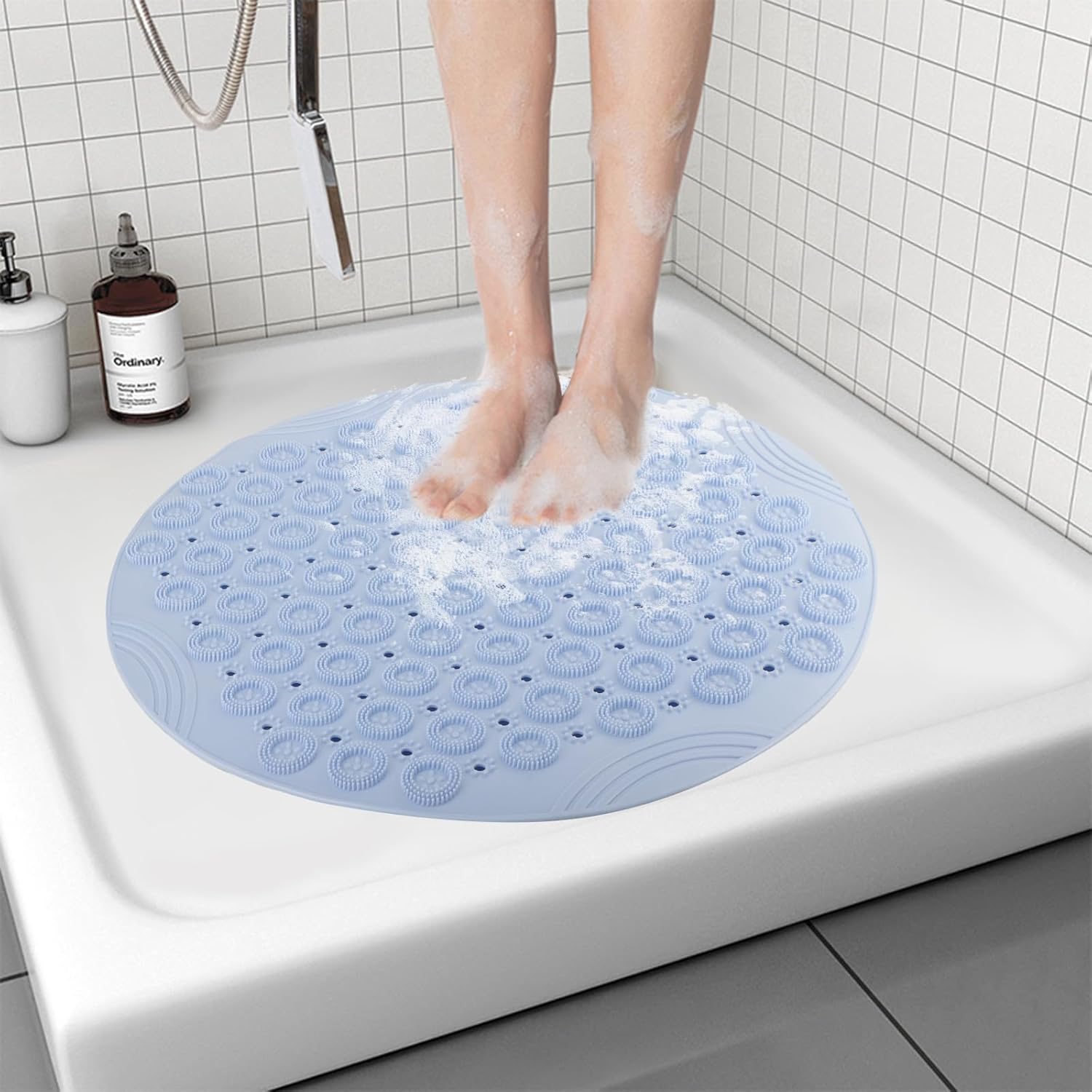 Mata antypoślizgowa do prysznica 55x55 cm, okrągła, łazienkowa z otworami drenażowymi i przyssawką, niebieska