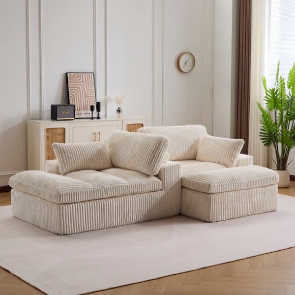 Canapé modulable en velours côtelé beige – Confort moelleux et design minimaliste - 10