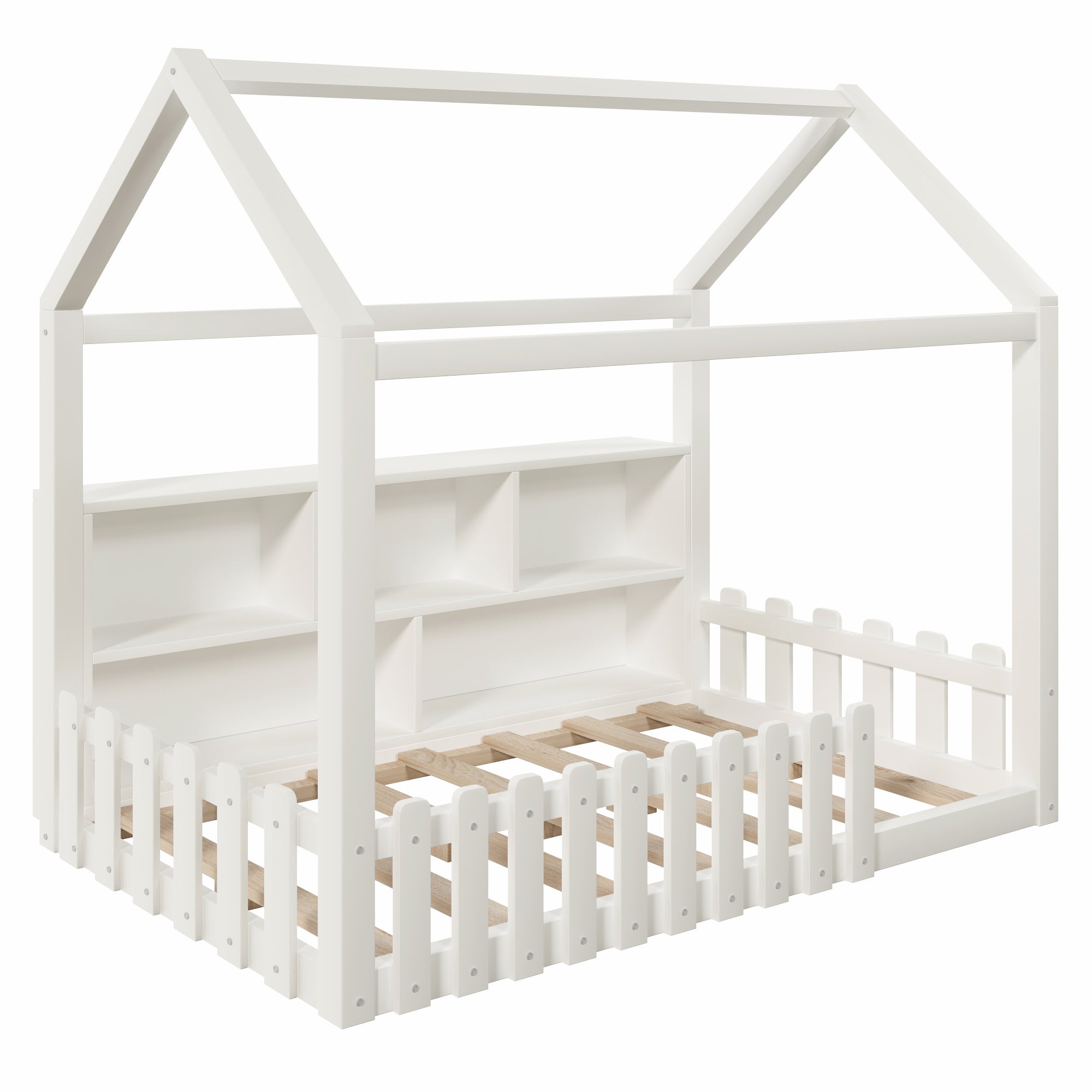 Lit cabane enfant 90x190 cm avec bande LED, Lit enfant avec barreaux, rangements ouverts, Lit plat en pin, style minimaliste, blanc,&nbsp;Sans matelas - 7