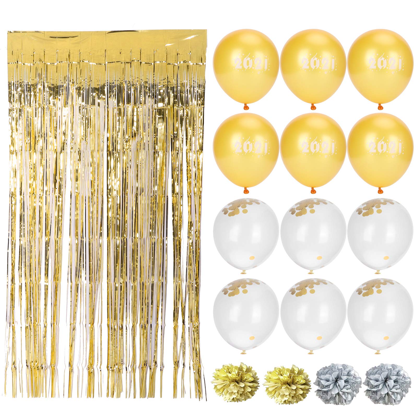 Juego de globos de lentejuelas, cortina decorativa con flecos, bola de flores de papel, kit para fiesta de año nuevo 2021, decoración elegante de fond
