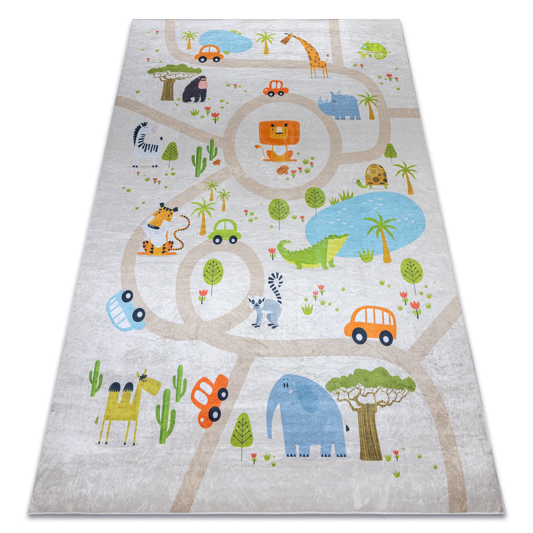 Dywan do prania BAMBINO 50230 Zoo, ulice, uliczki dla dzieci, antypoślizgowy - beż / zielony 160x220 cm