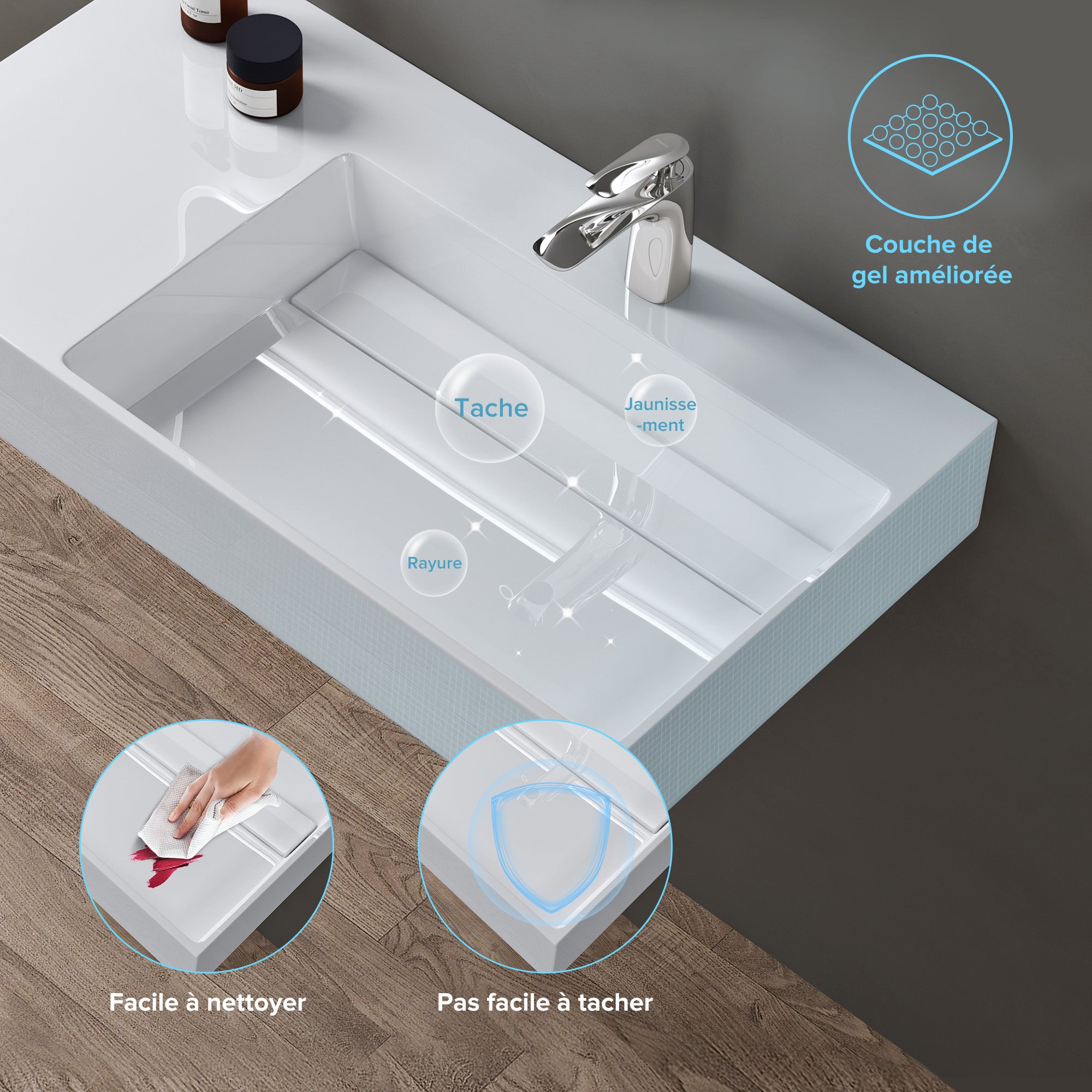 doporro Lavabo Suspendu Blanc 75cm Vasque à Poser Lave Mains Rectangulaire de Qualité pour Salle de Bain 75x43x14cm Colossum12-R - 5