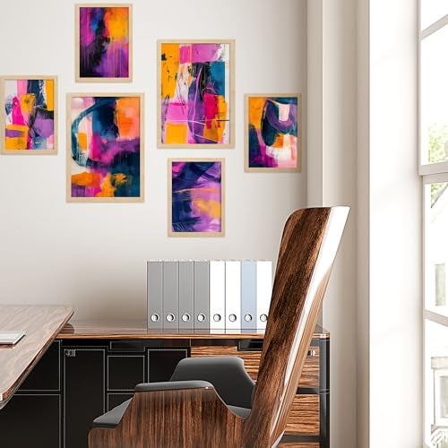 Set de 6 abstract colors purple fucsia blue shapes cuadros con ilustración de diseño para decorar. tienda. a3 y a4. marco madera clara