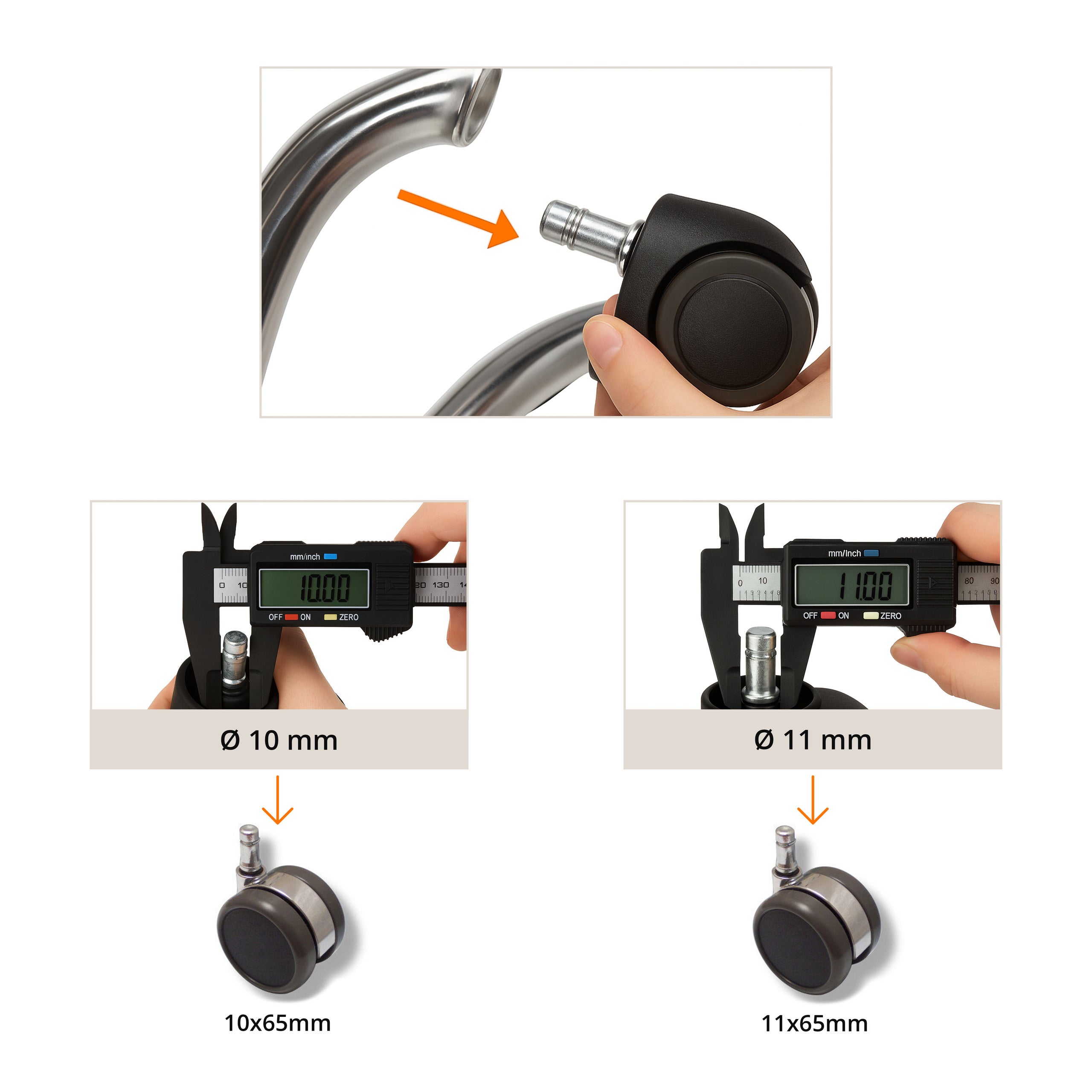 5x ruote design 11 mm / 65 mm ruote per sedie da ufficio per pavimenti duri cromo (confezione da 5) - 3