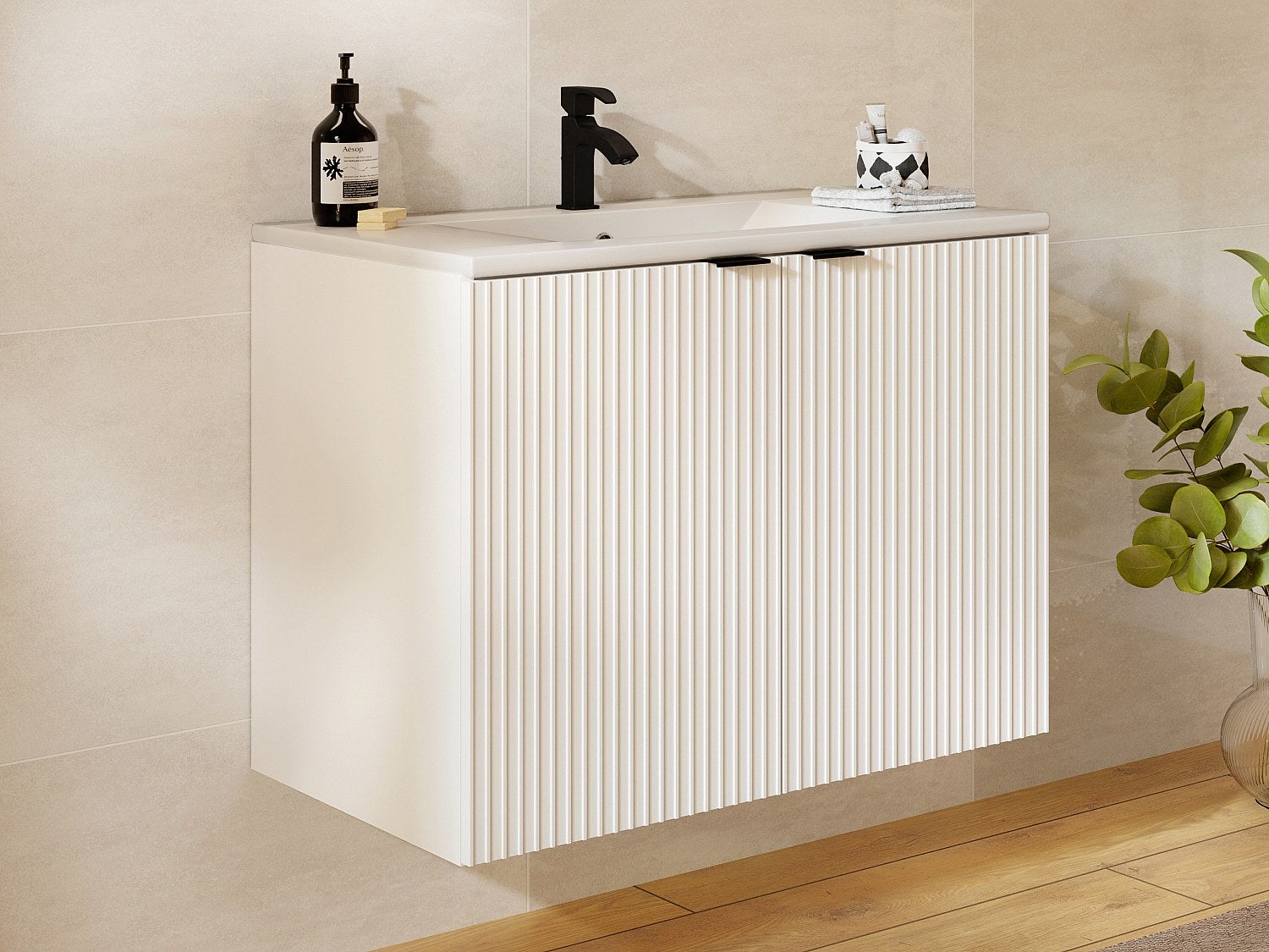 Szafka łazienkowa wisząca w paski z umywalką do zabudowy – Biała – 80 cm – PARMIZA