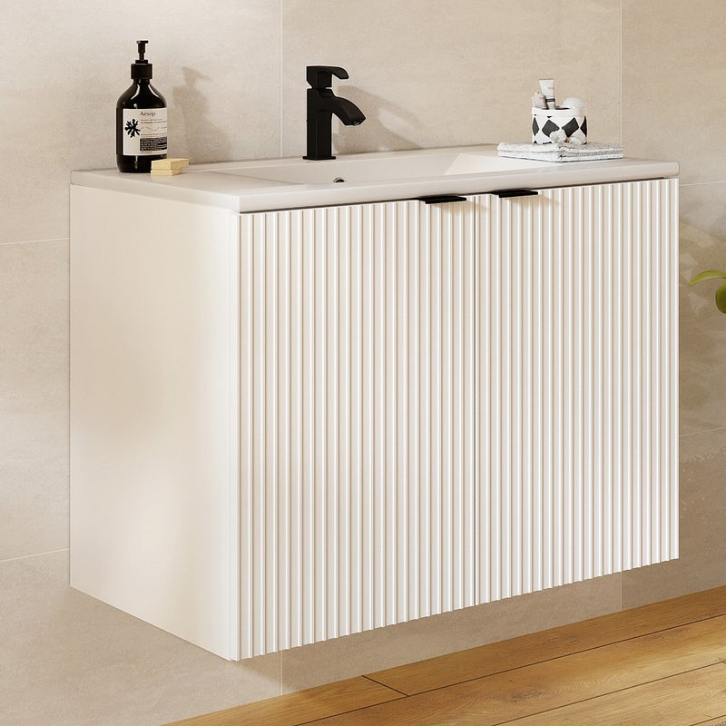 Szafka łazienkowa wisząca w paski z umywalką do zabudowy – Biała – 80 cm – PARMIZA