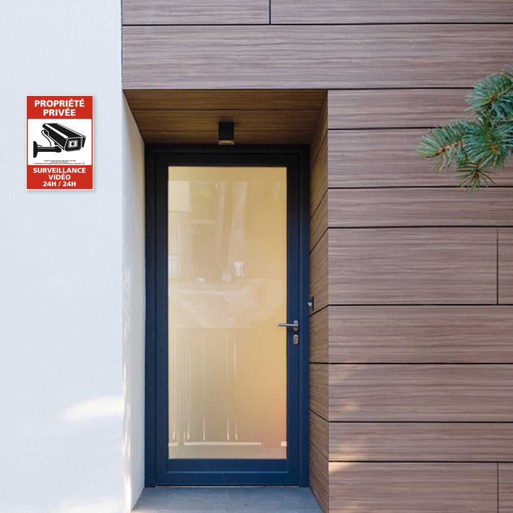 Propriété privée surveillance vidéo 24H/24 avec loi - Panneau signalisation sécurité - PVC 1 mm - 75 x 105 mm - 2