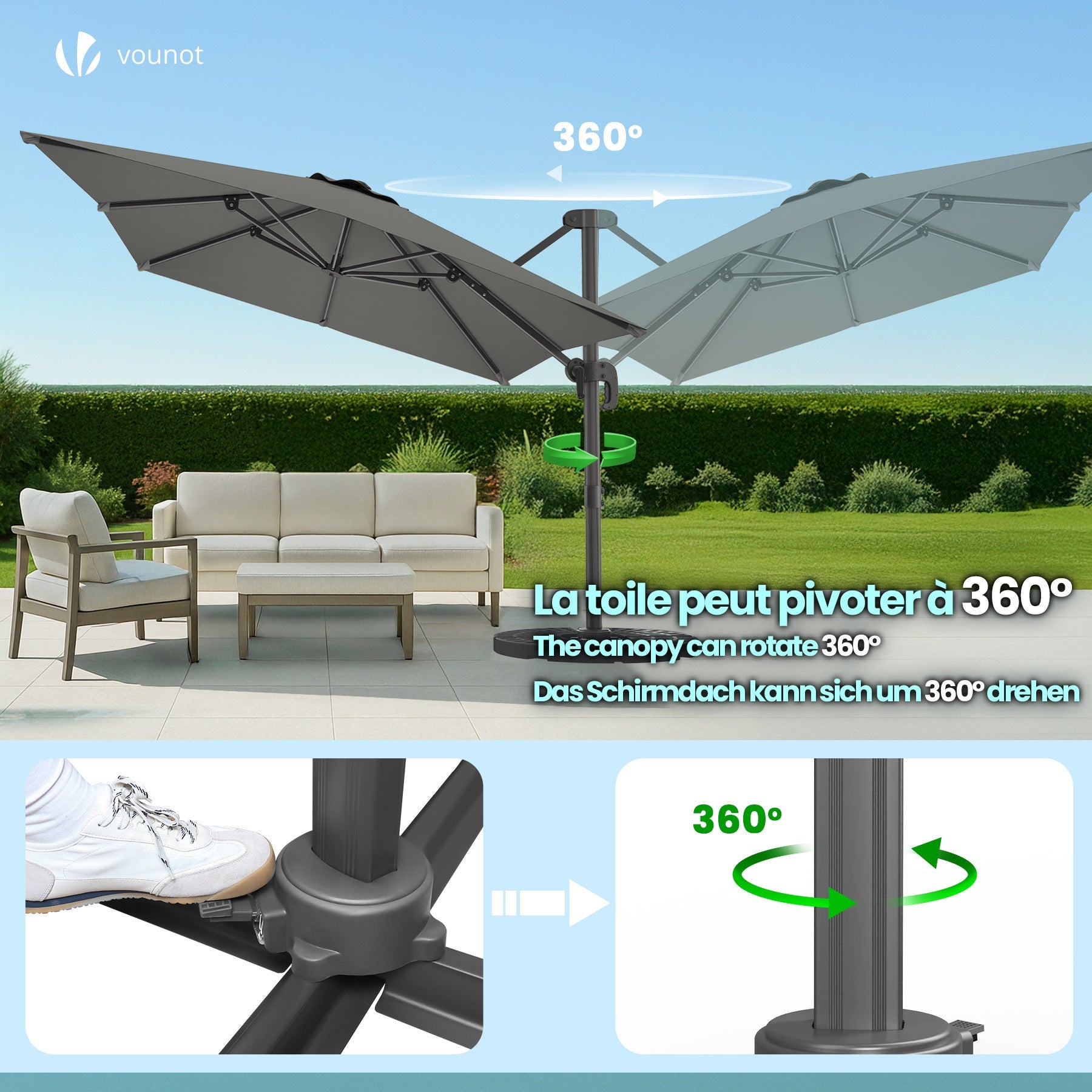 Parasol déporté carré premium 3x3M gris avec housse - 8 baleines - inclinable 6 positions - rotatif 360° - imperméable - VOUNOT® - 5