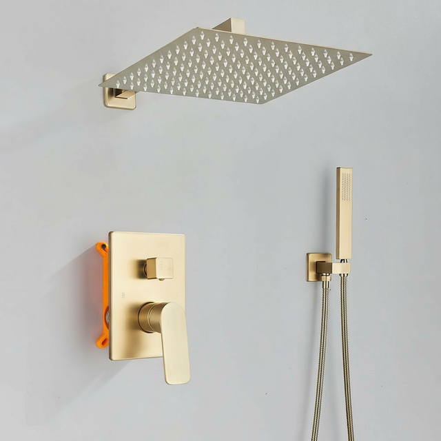 Douche Encastrée Square Doré, Tête de Douche Carrée 25cm, Douchette à Main Rectangulaire, Mitigeur Intégré Précis