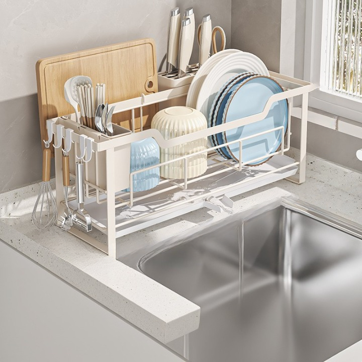 Ociekacz do naczyń kuchennych, stojak na zlew, 42,5×16,5×21 cm – biały, pojemnik na miskę i sztućce – z tacką ociekową