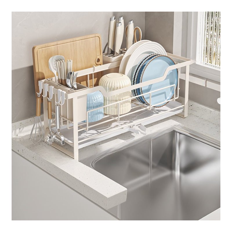 Ociekacz do naczyń kuchennych, stojak na zlew, 42,5×16,5×21 cm – biały, pojemnik na miskę i sztućce – z tacką ociekową